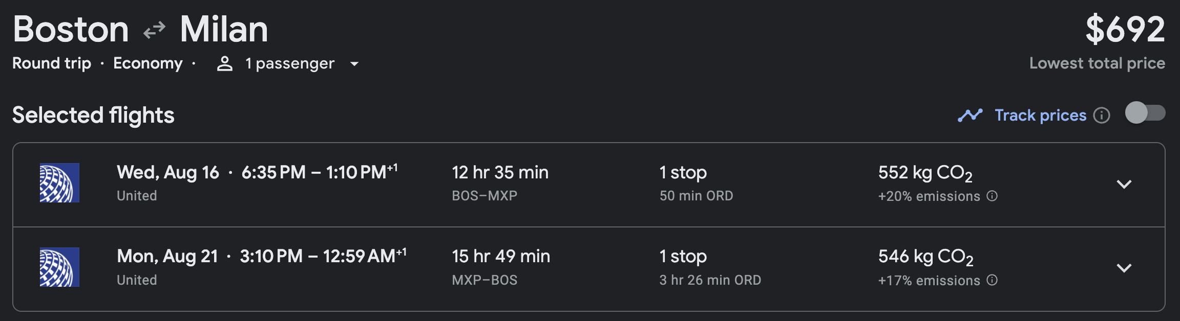 United flight prices from Boston to Milan