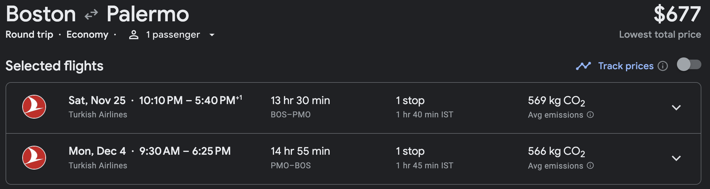 Turkish Airlines prices from Boston to Palermo