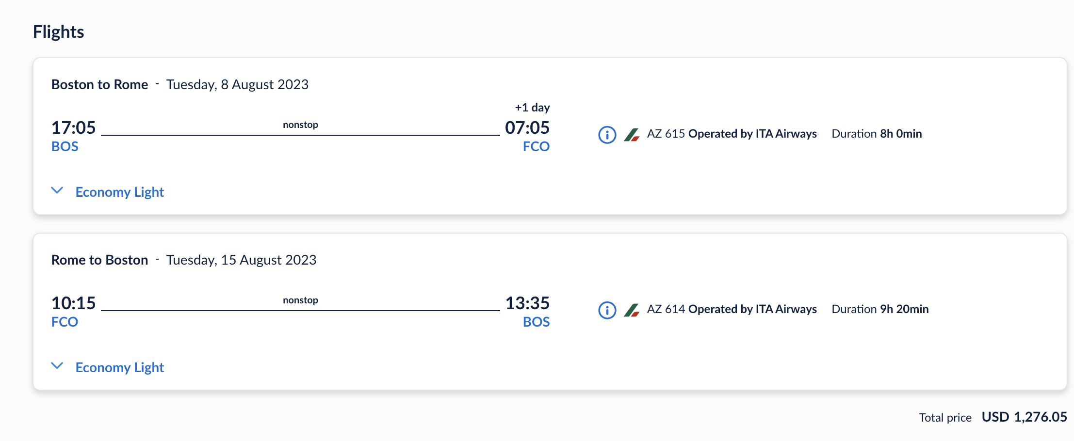 Flight prices from Boston to Rome on ITA