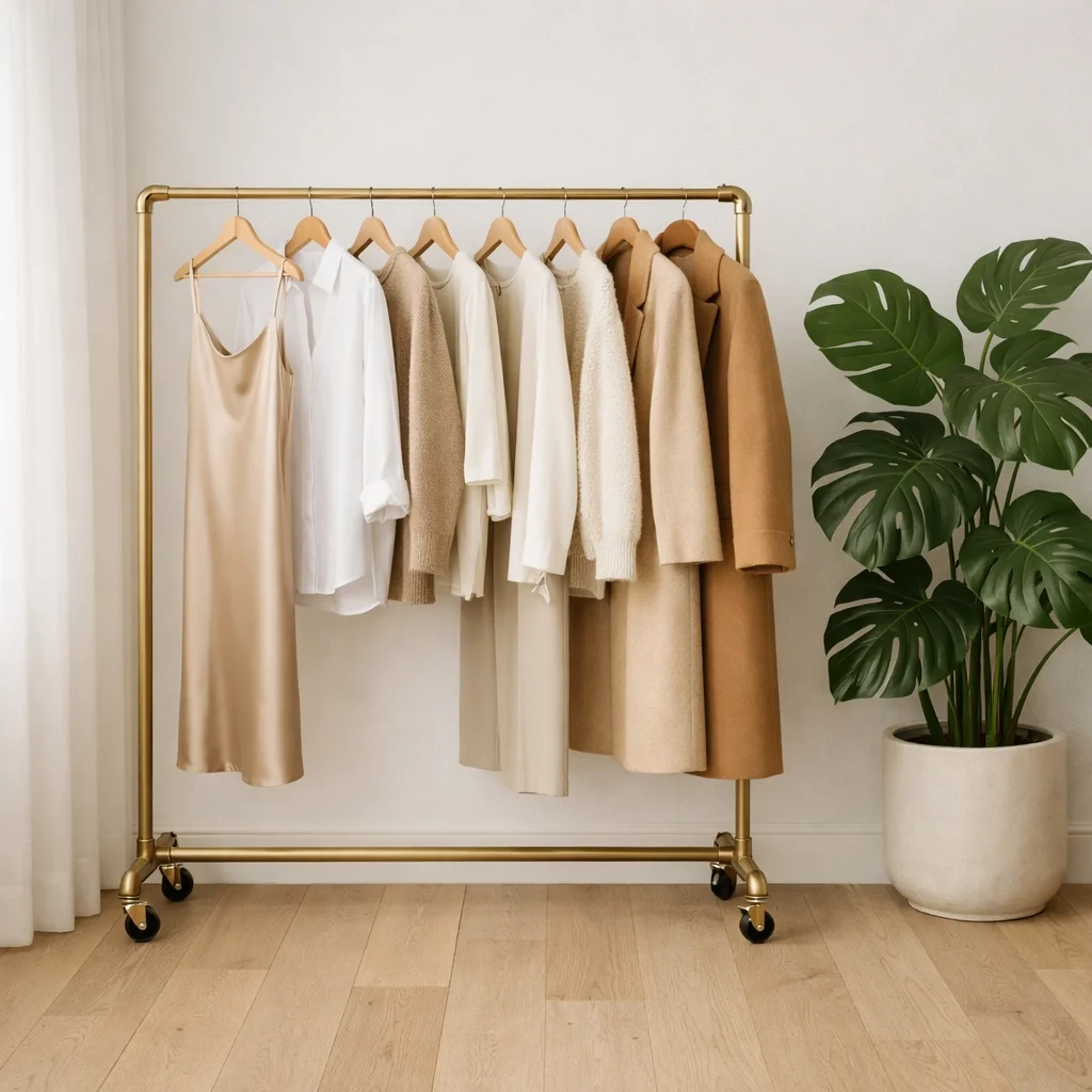 Curated garment rack with neutral pieces and breathing room, showcasing an intentional, chic minimalist style.