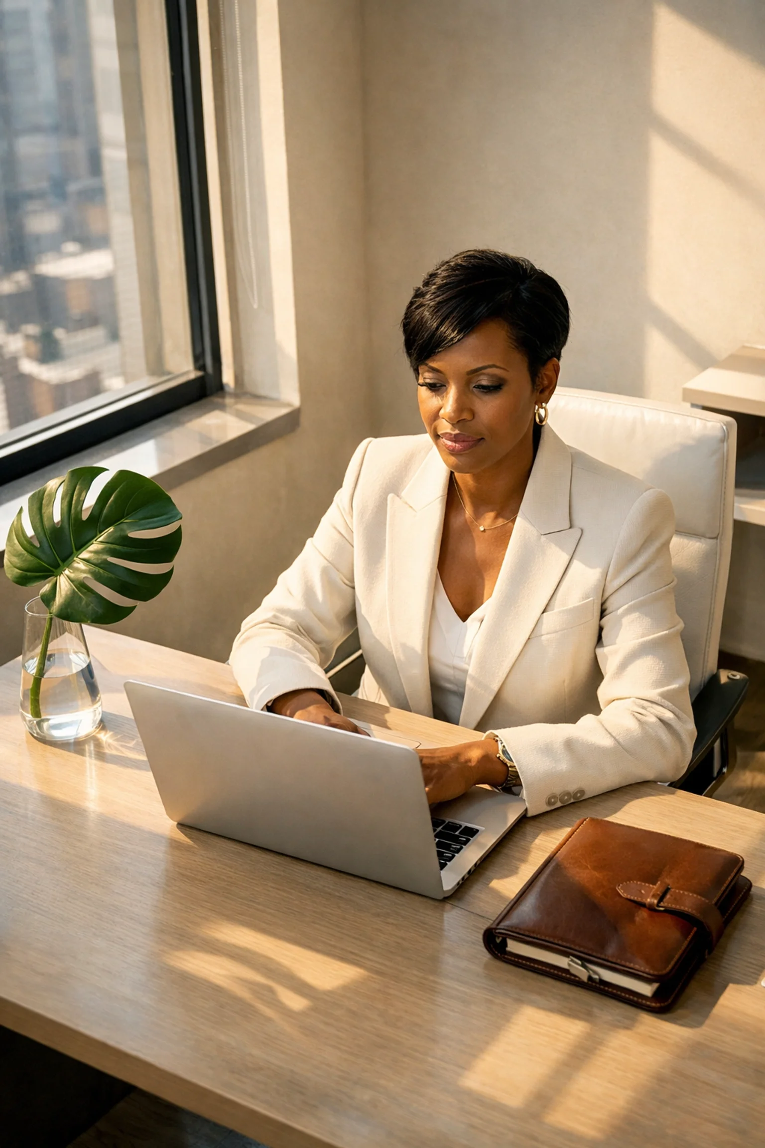 A professional Black woman in her office setting clear career boundaries for intentional deep-work.
