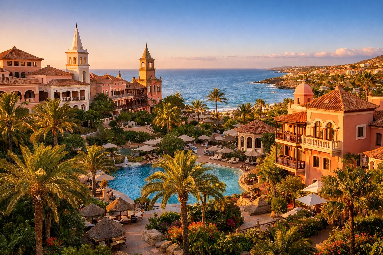 Bahia del Duque resort's pastel colonial architecture and lush gardens overlooking the Atlantic in Tenerife.