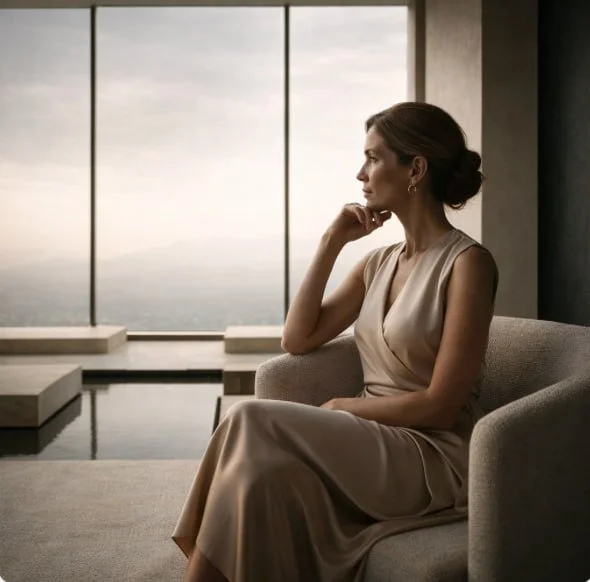 A woman in a beige dress sitting on a sofa in a modern room with floor-to-ceiling windows overlooking a cloudy sky.