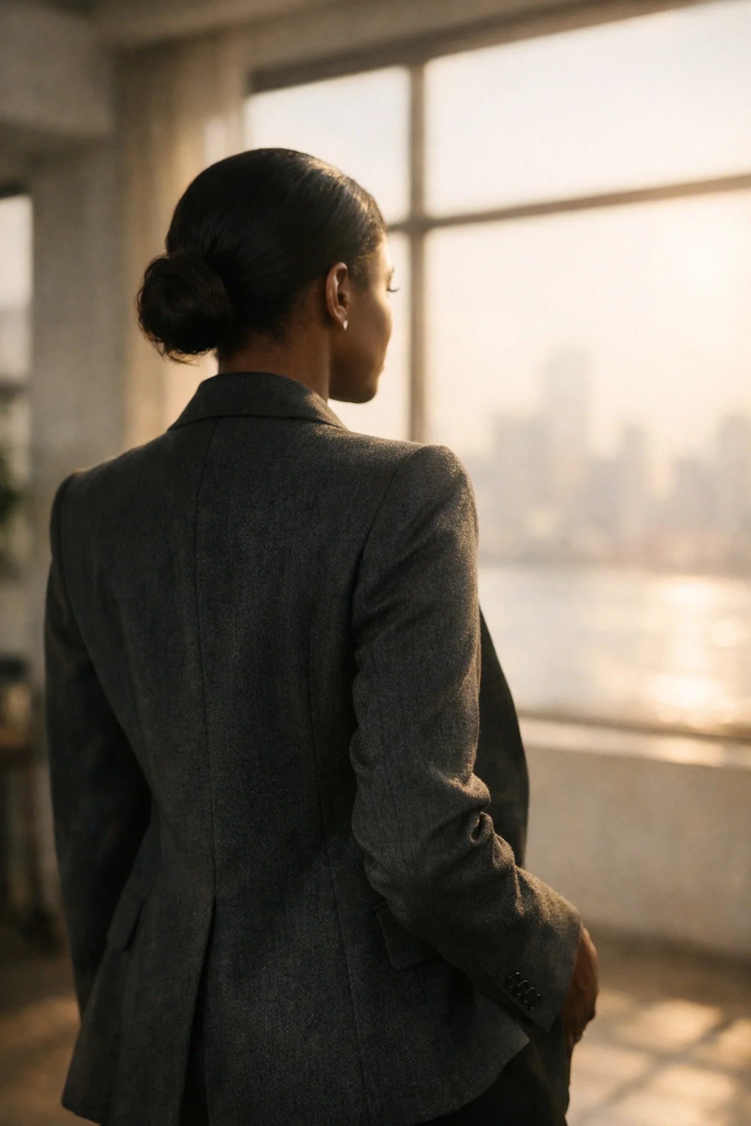 Black woman in a tailored charcoal blazer, representing the power of intentional, chic minimalist style.