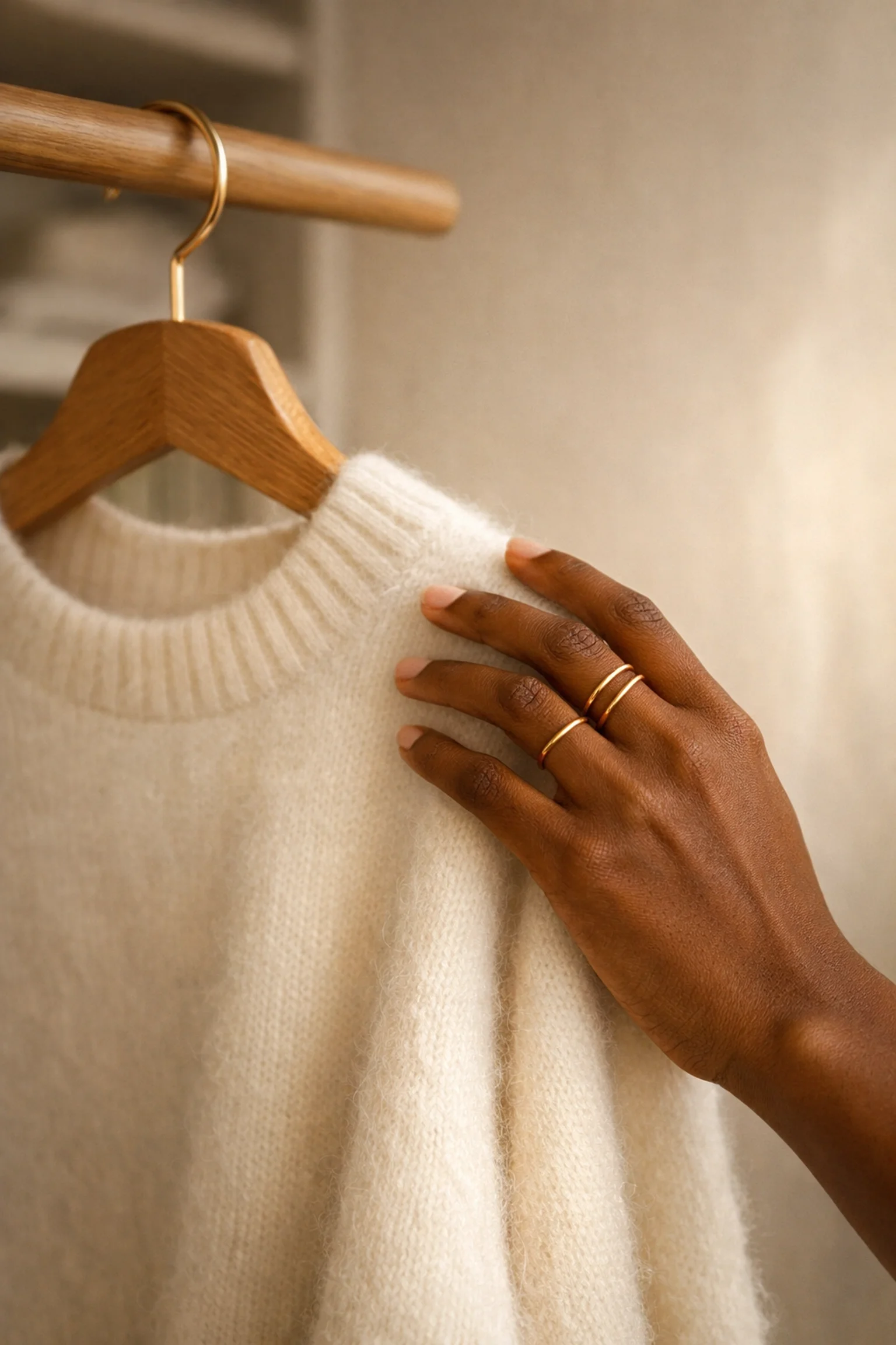 Hand reaching for a quality cream sweater in a minimalist closet, illustrating quiet luxury style.