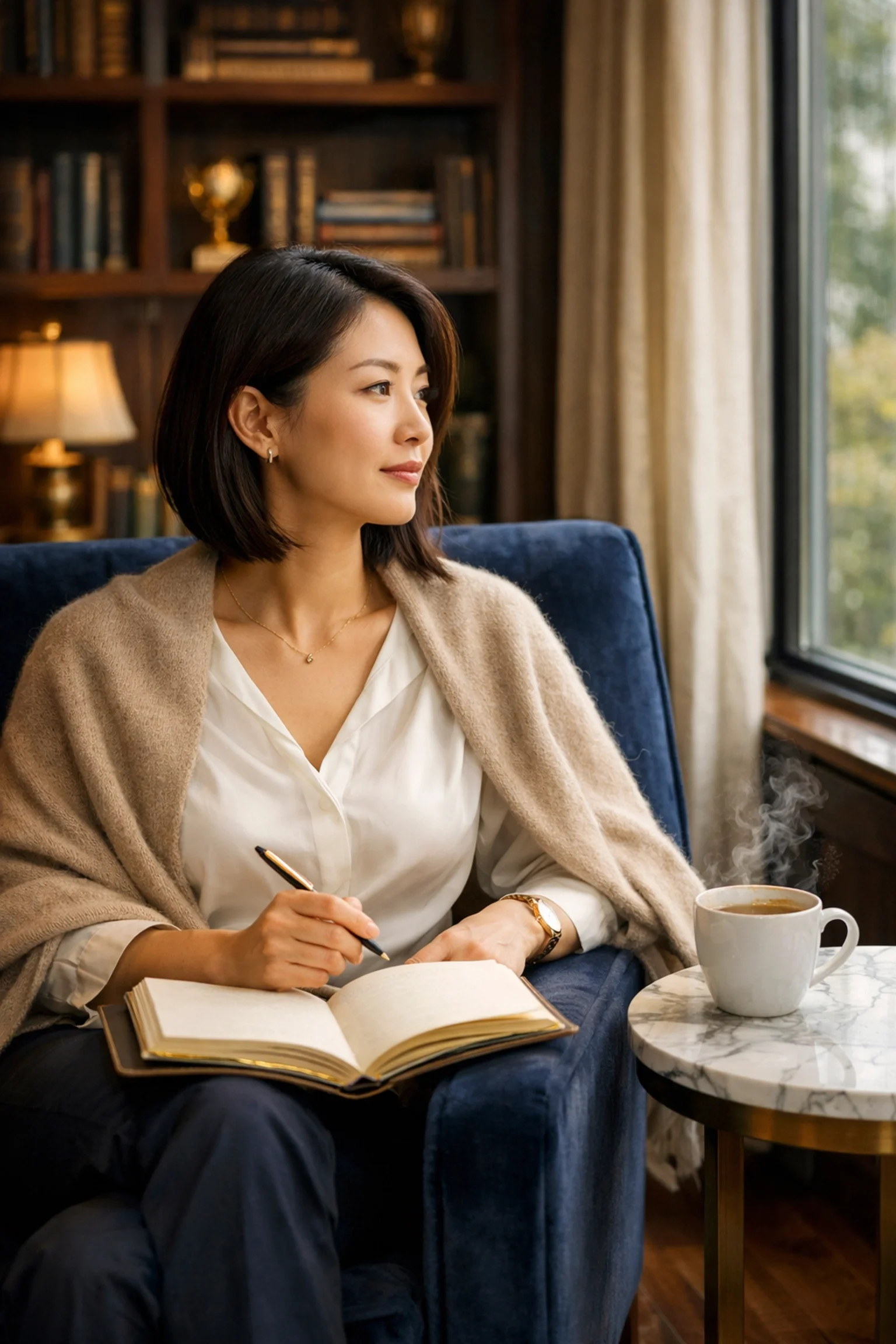 An East Asian woman in a luxury library performing a monthly recalibration ritual for her career pivot.