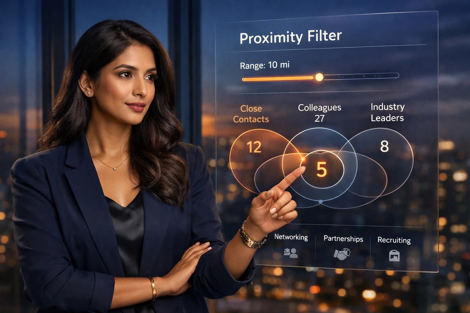 A professional South Asian woman using a strategic proximity filter to calibrate her career goals.