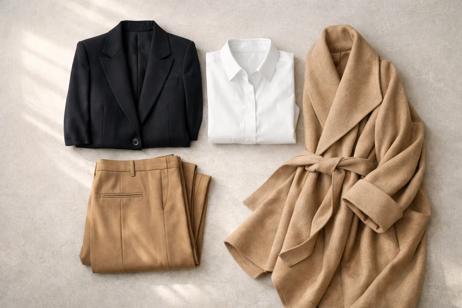 Flat lay of chic minimalist essentials: a structured blazer, crisp white button-down, tailored trousers, and chic outerwear styled in a quiet luxury palette.