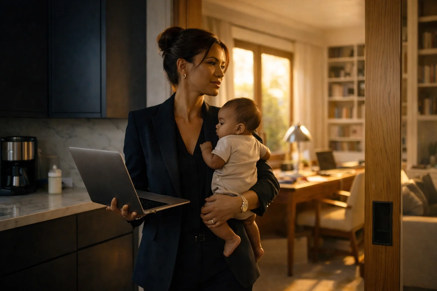 A professional woman balancing home life and career vision in a modern kitchen and home office.