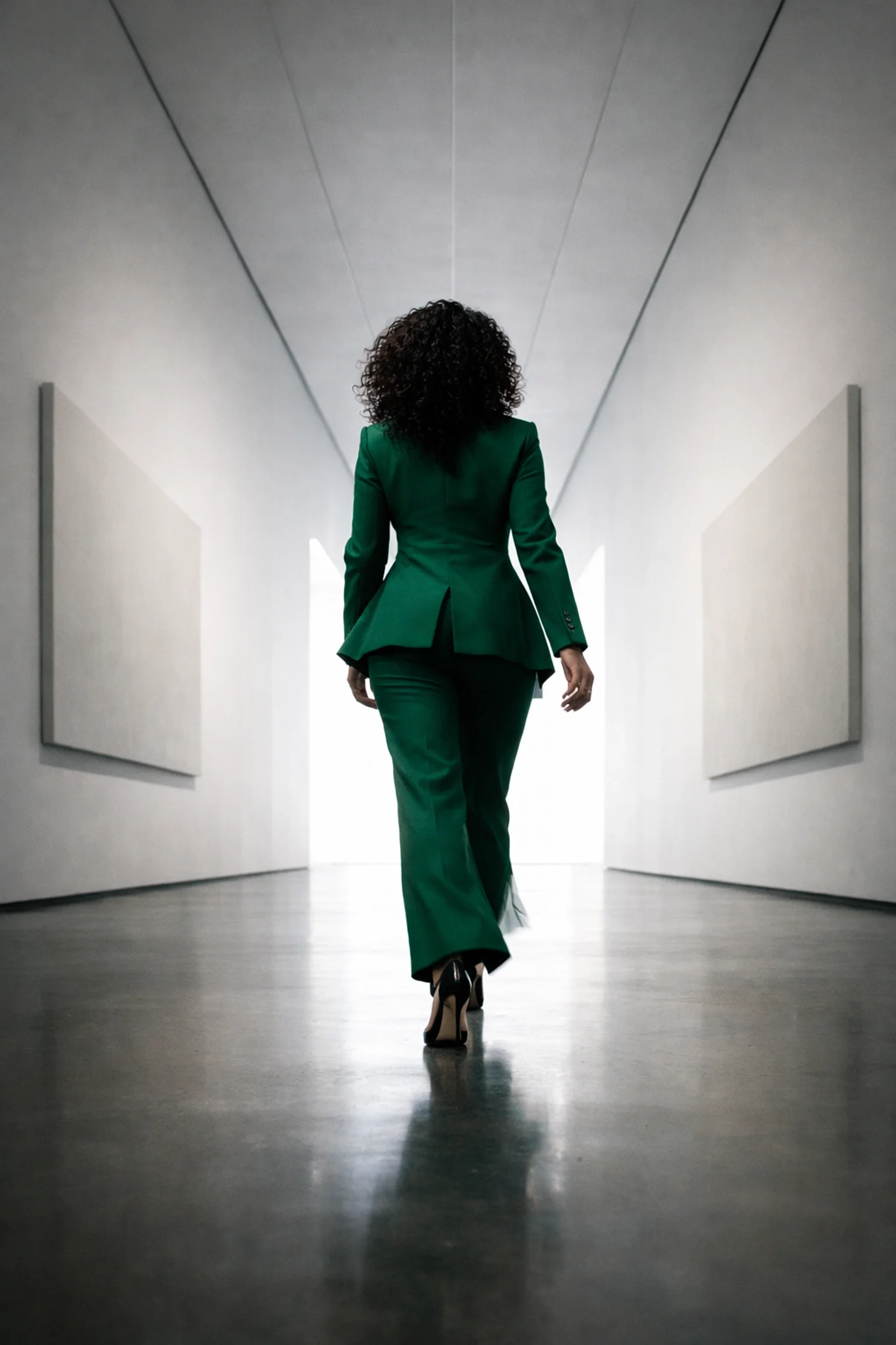 An Afro-Latina woman in a power suit embodying a strategic identity with firm, silent boundaries.