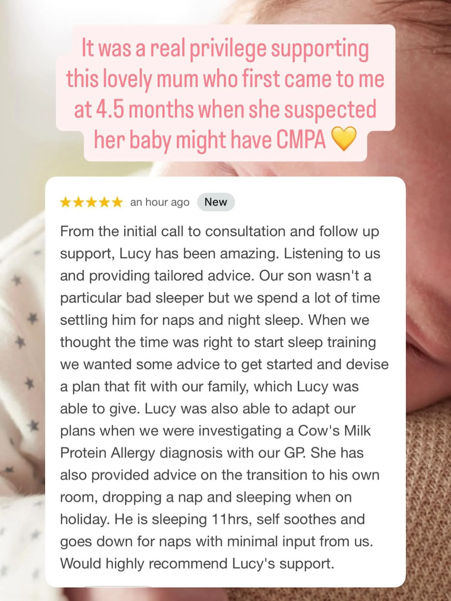This family booked my &lsquo;full support call&rsquo; at 4.5 months so that I could support them with teaching their son how to self-settle, whilst they navigated his Cow&rsquo;s Milk Protein allergy diagnosis. 

Since then, they&rsquo;ve booked a fe