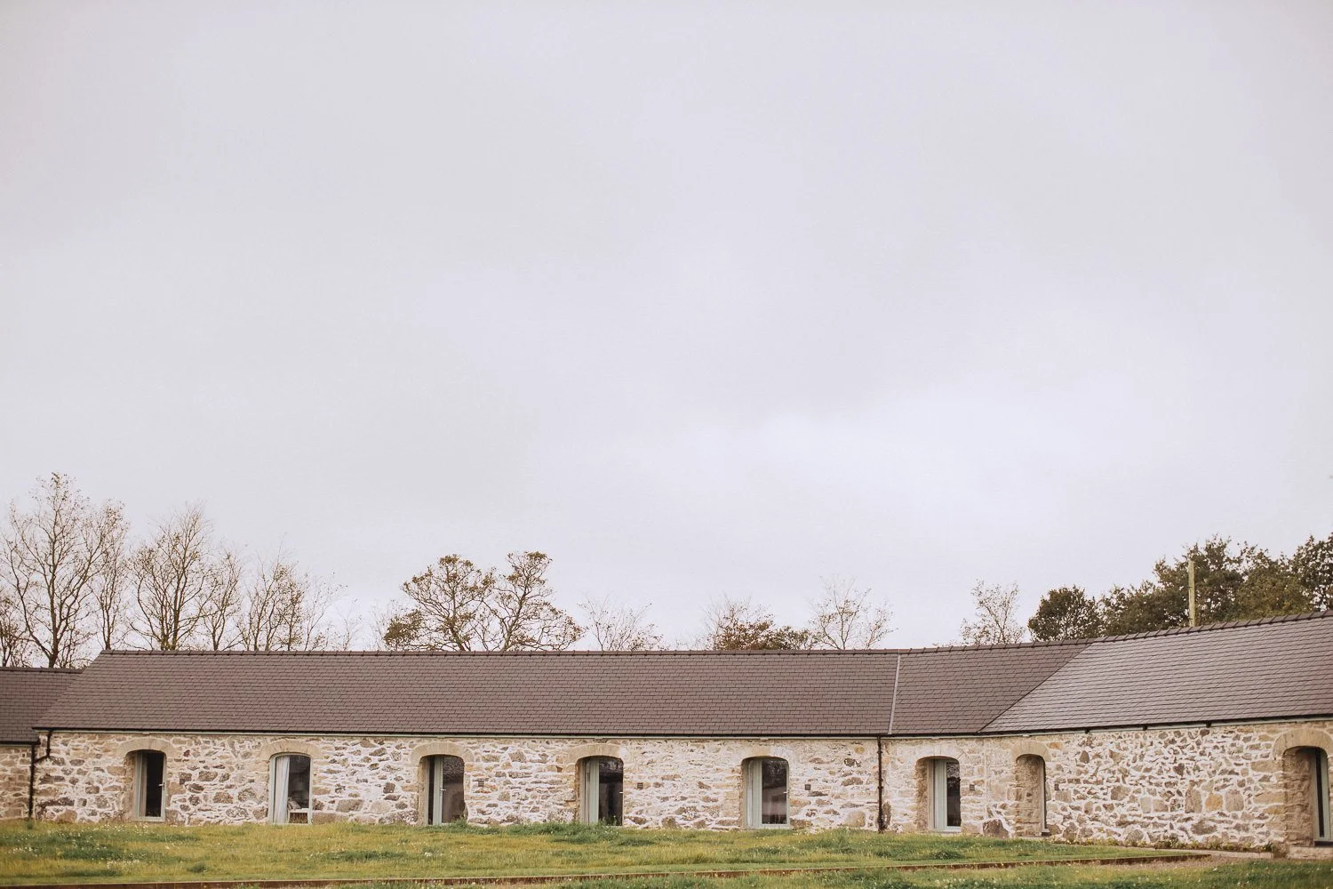 Barn wedding venue North Wales, outdoor shot of Henblas on a cloudy day