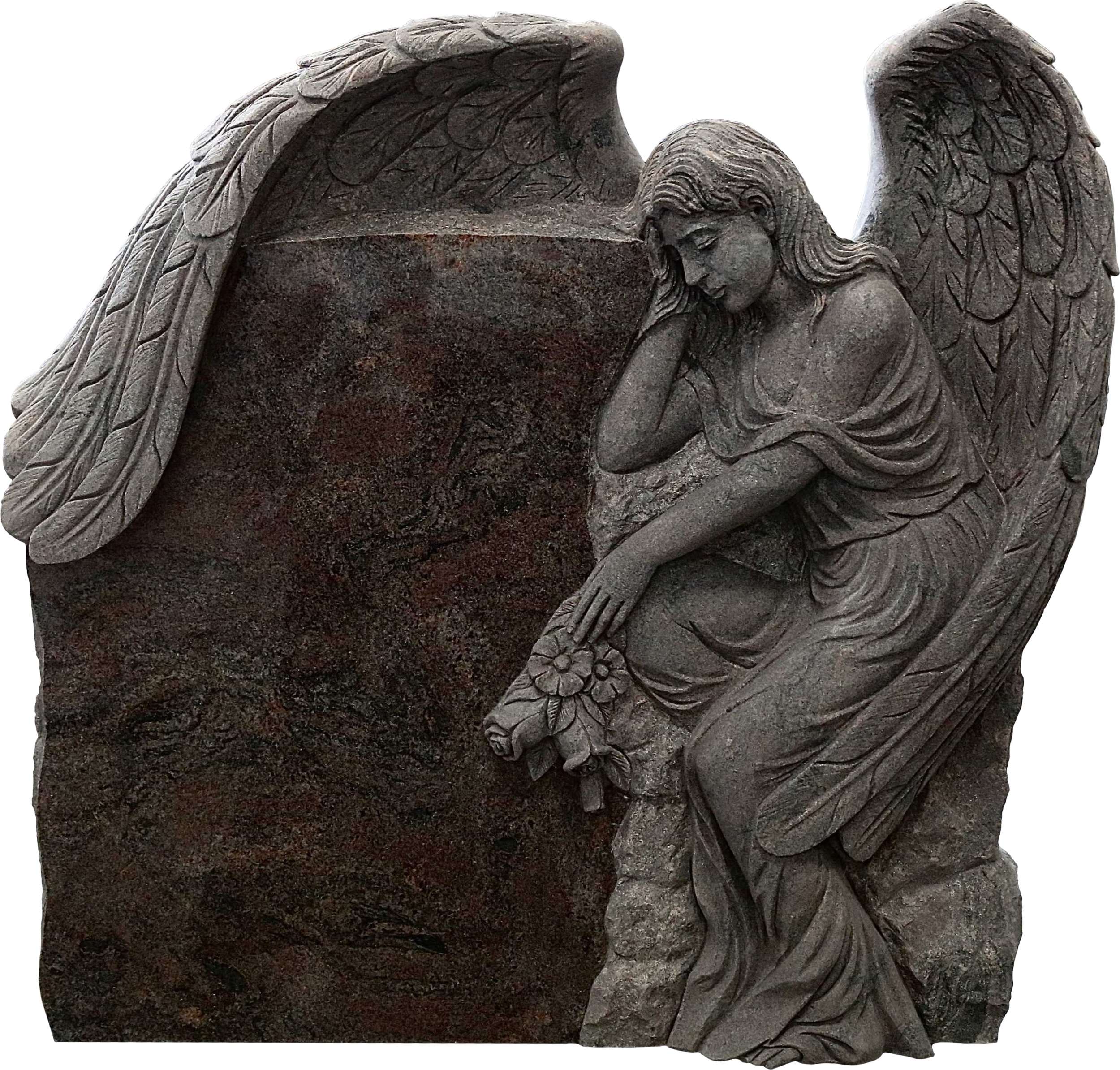 Stone sculpture of an angel with large wings, sitting with one knee up, holding flowers, with a pensive expression.