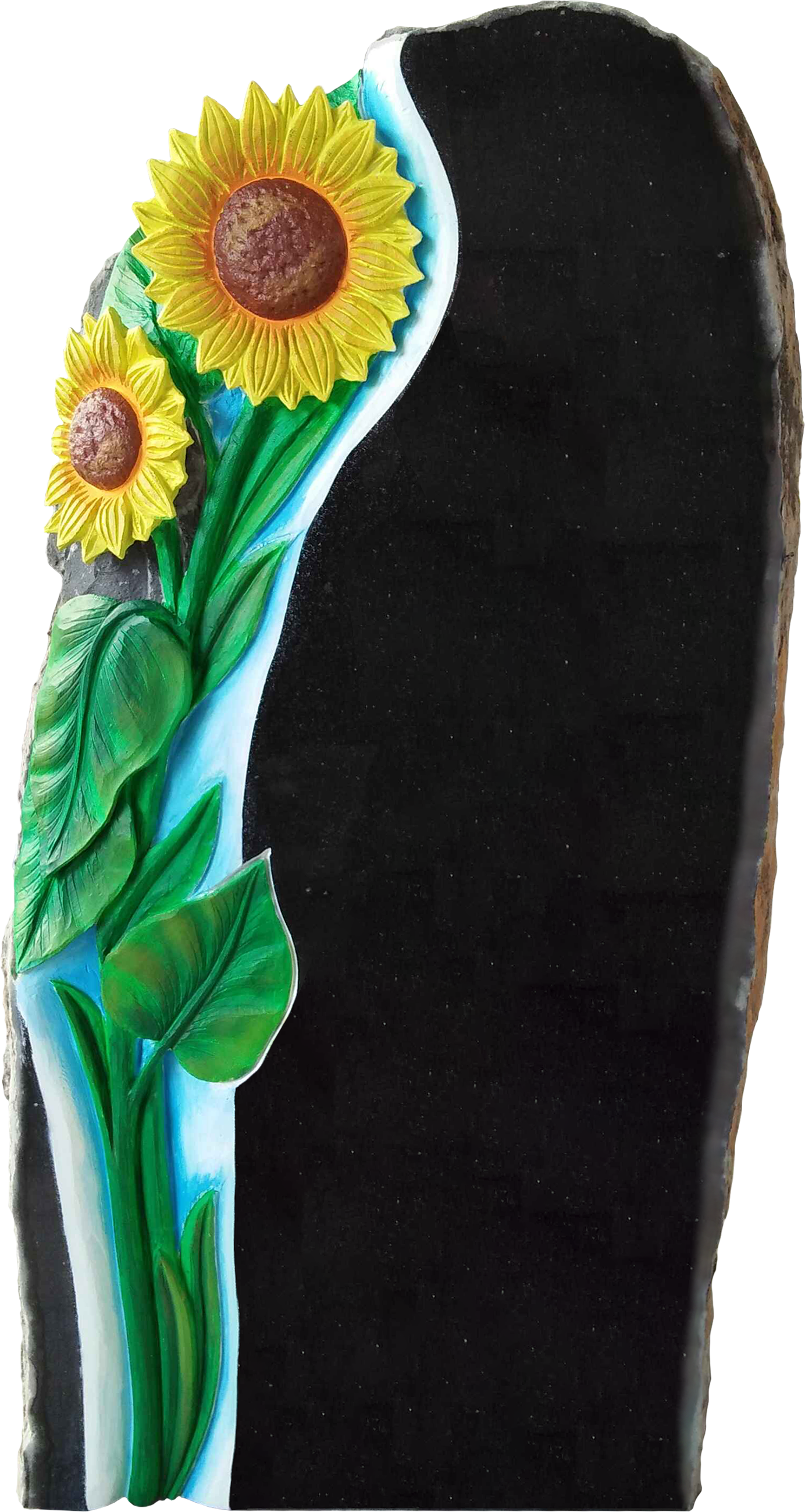 A black chalkboard with a colorful, painted sunflower decoration on the left side featuring green leaves and stems, and two large yellow sunflowers with brown centers.
