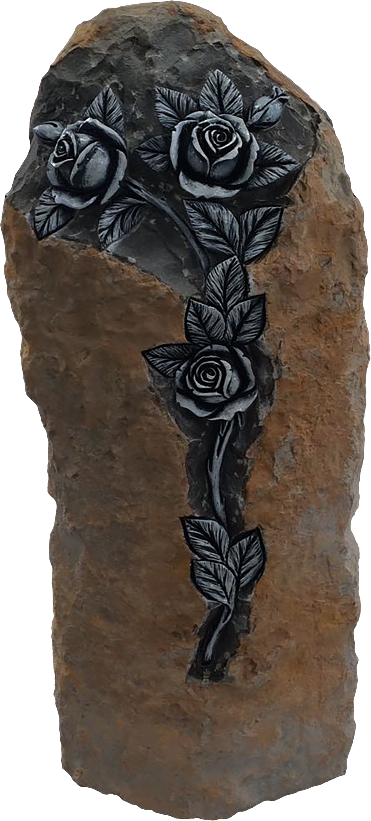 Gray and black painted roses and leaves on a brown stone surface