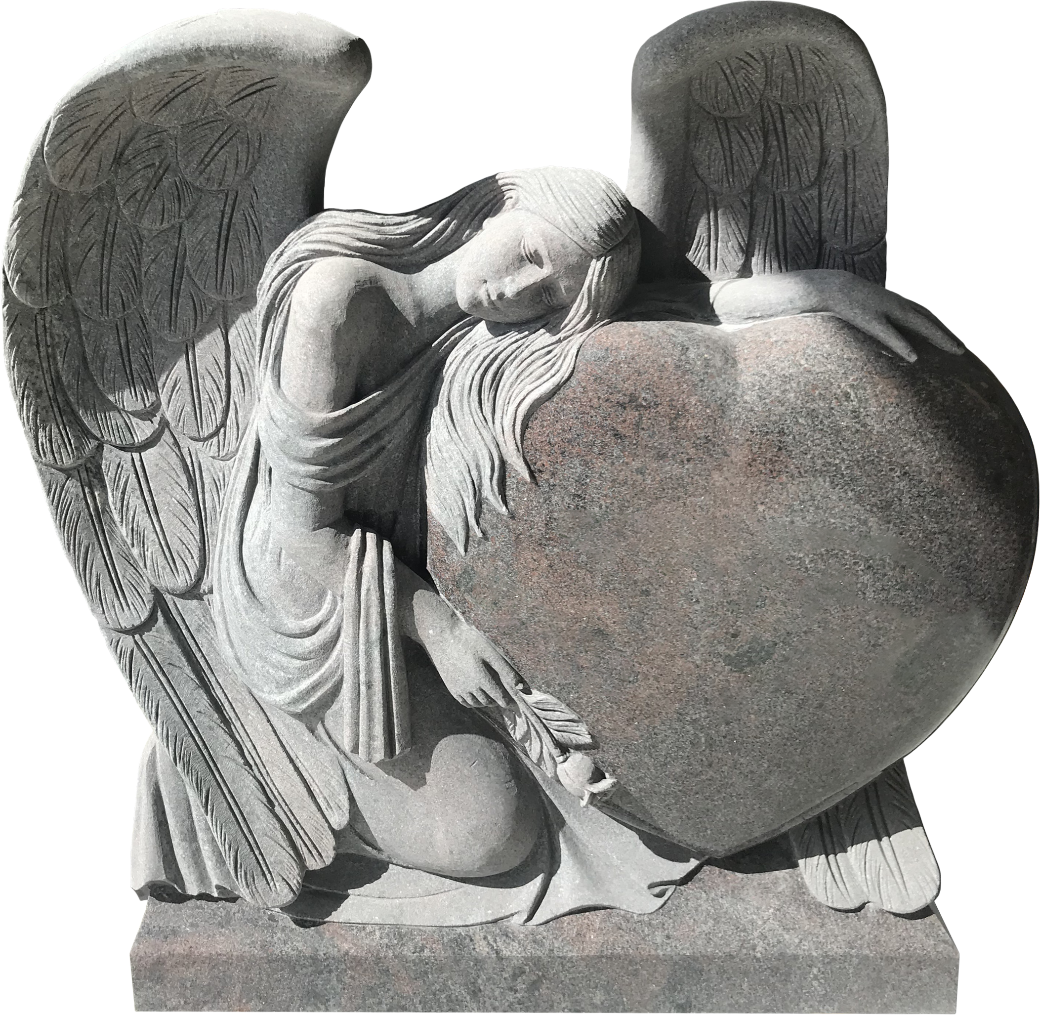 A stone sculpture of an angel with detailed wings, resting her head and arm on a large heart-shaped stone.