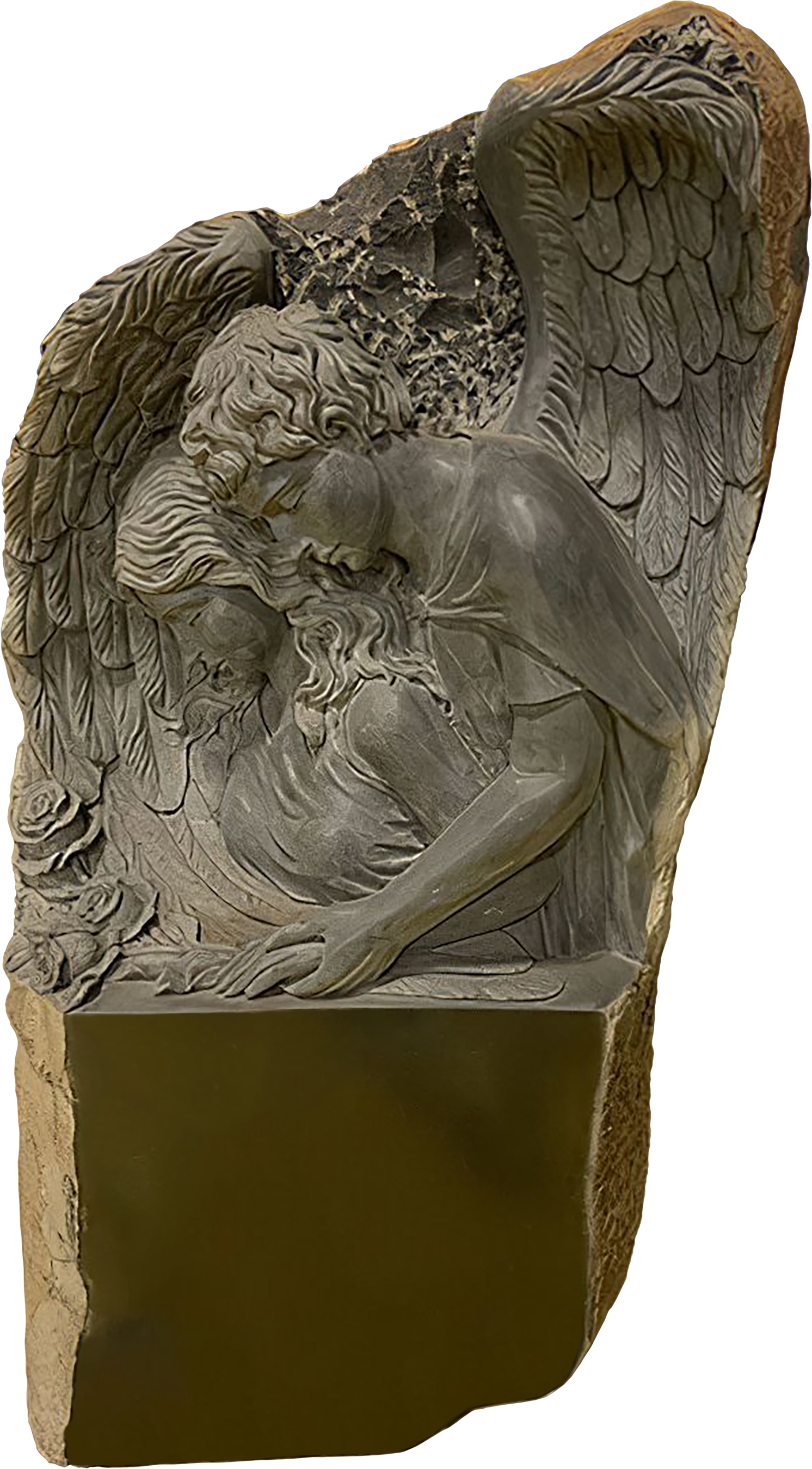A stone sculpture depicting a biblical scene with two figures, one with wings, embracing each other, with intricate details on their clothing and hair.