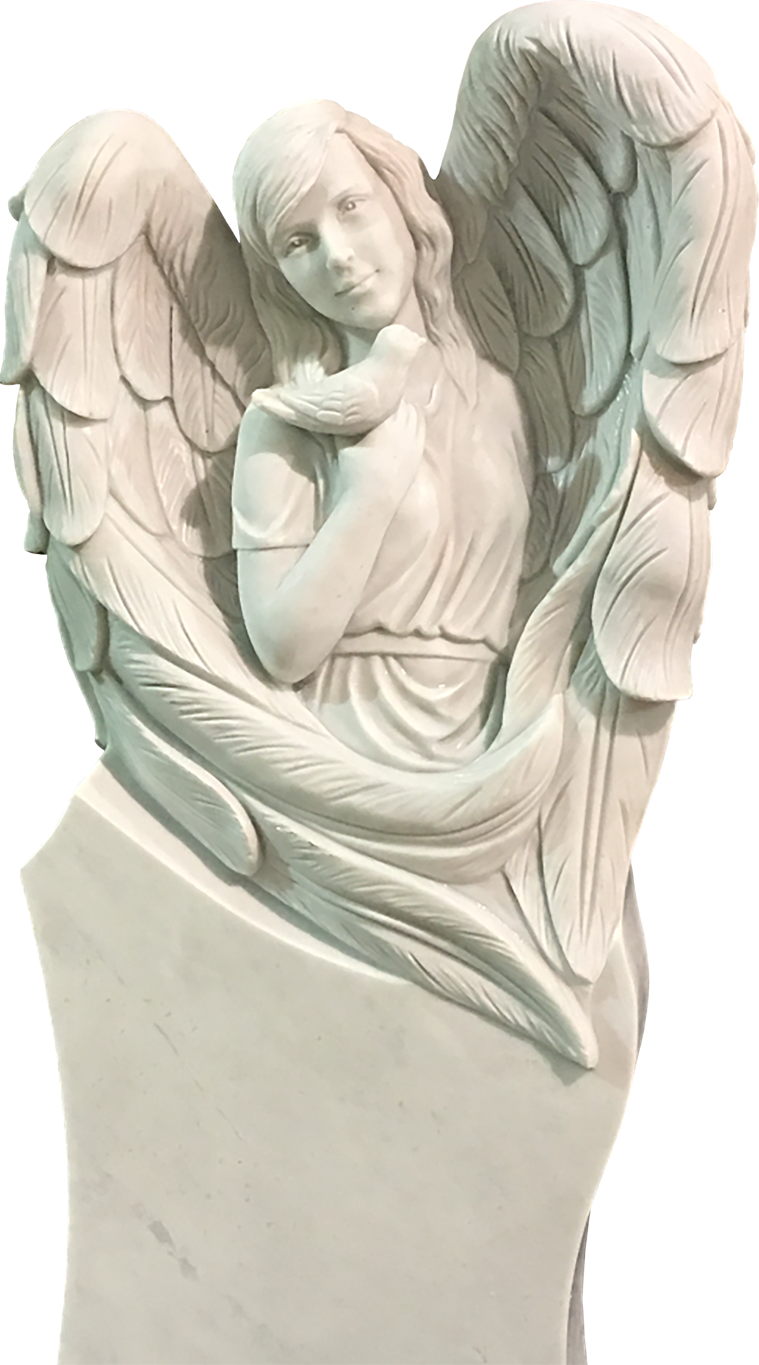 Marble sculpture of a woman with angel wings, with a human face and hand gesture, set on a pedestal.
