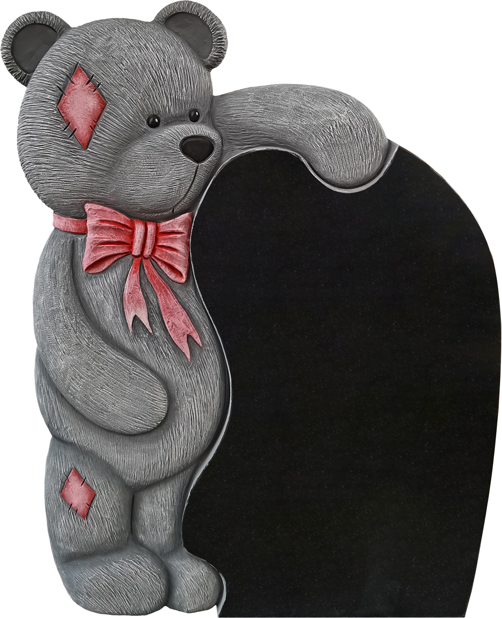 A decorative teddy bear figure with a pink bow around its neck, patches on its face and leg, holding a black chalkboard.