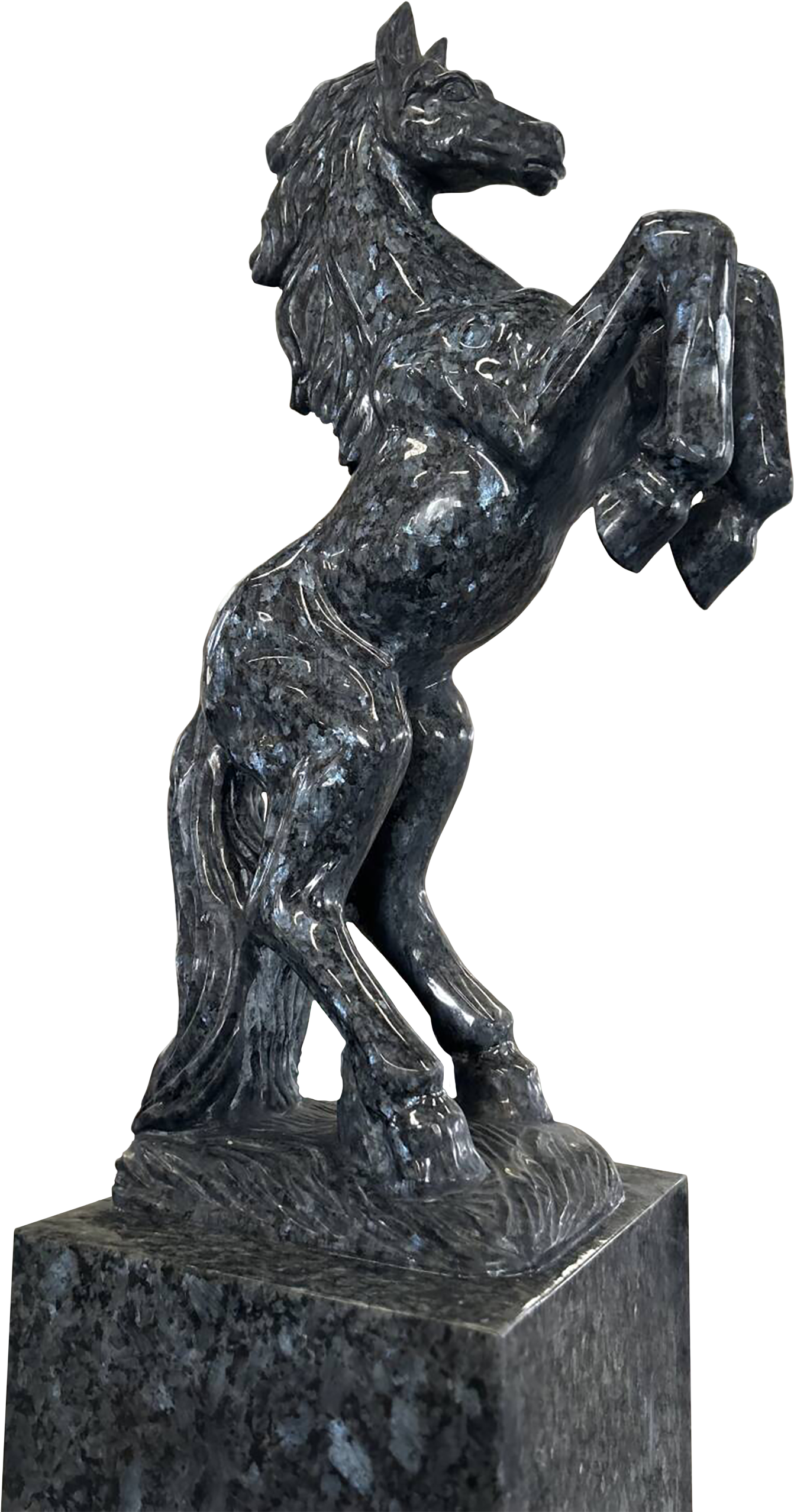 A sculpture of a rearing horse made of dark marble, mounted on a matching marble base.