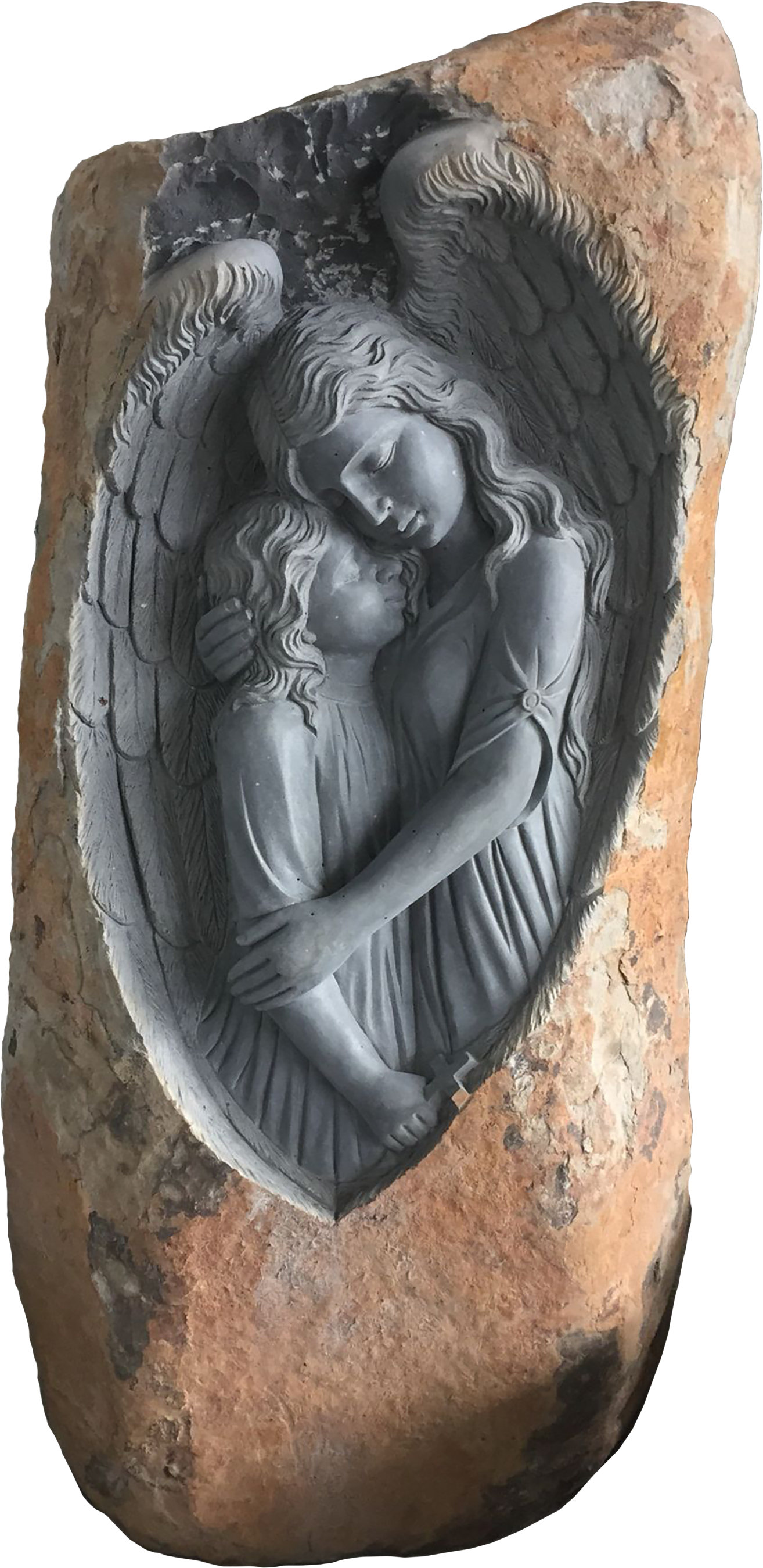 A carved stone relief depicting an angel tenderly embracing a small child, both with detailed wings and flowing hair.