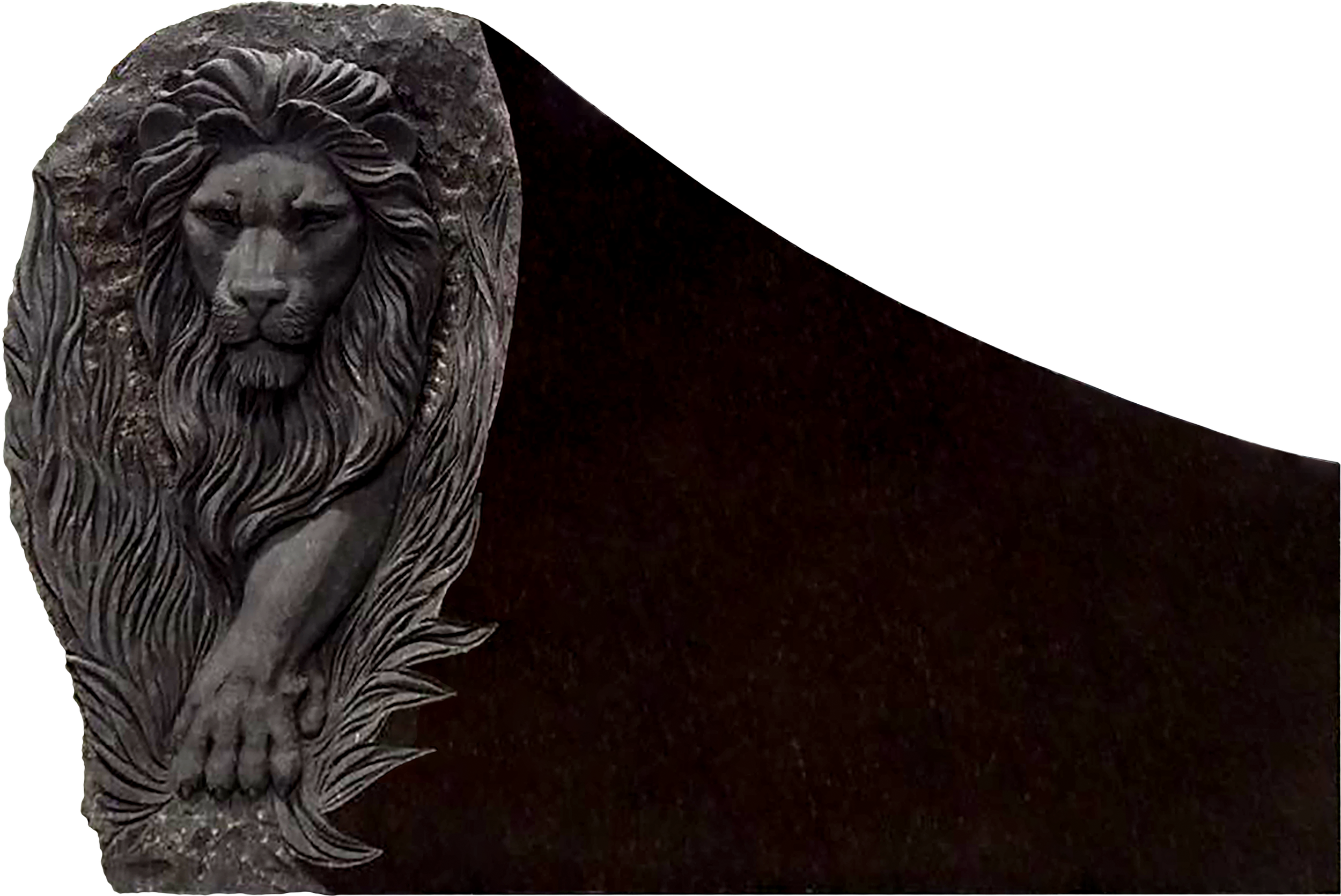Close-up of a metallic lion sculpture on a dark background.