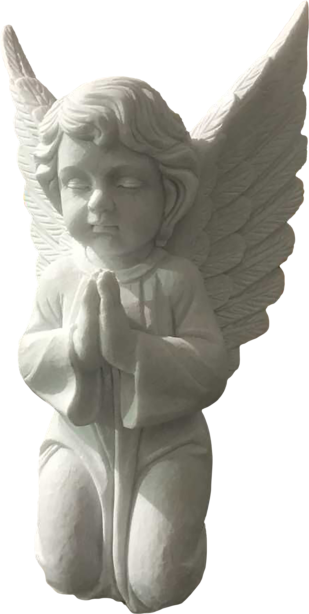 White statue of an praying angel with wings, knees on the ground, hands pressed together in prayer, and eyes closed.