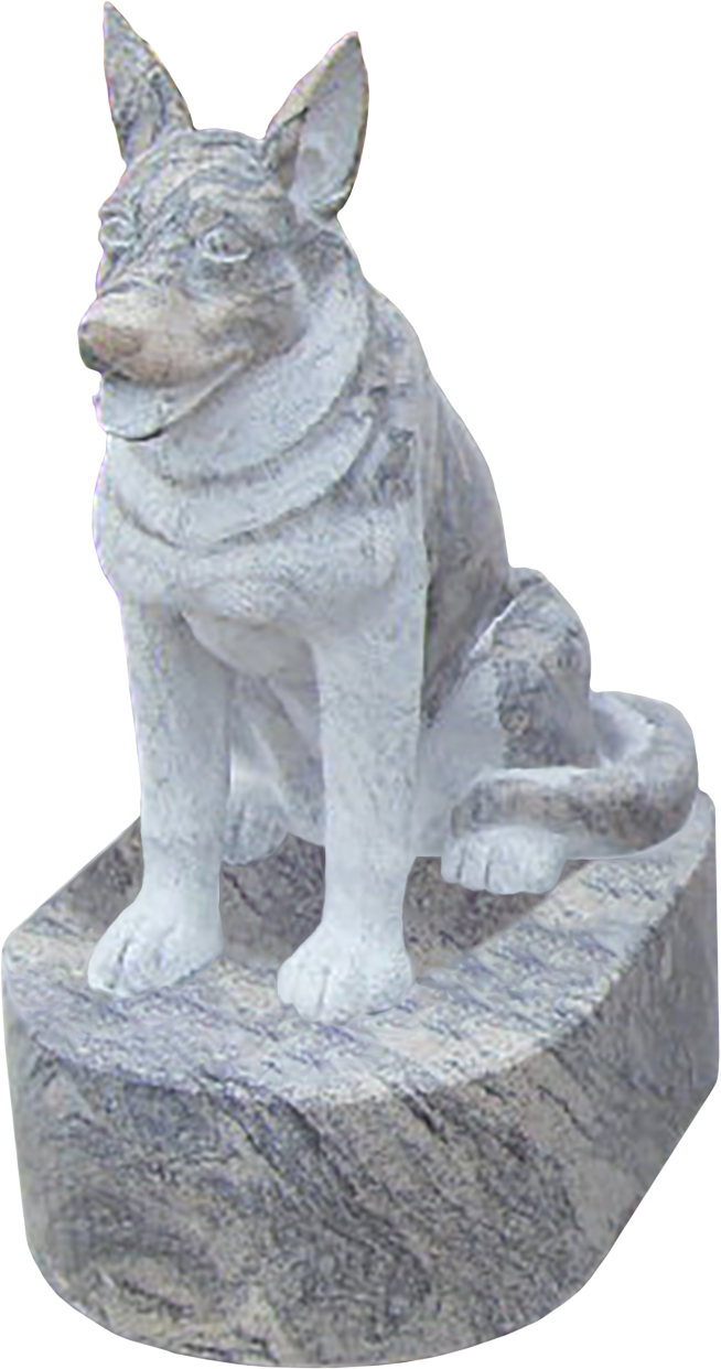 A marble statue of a sitting dog, possibly a German Shepherd, on a rough stone base.