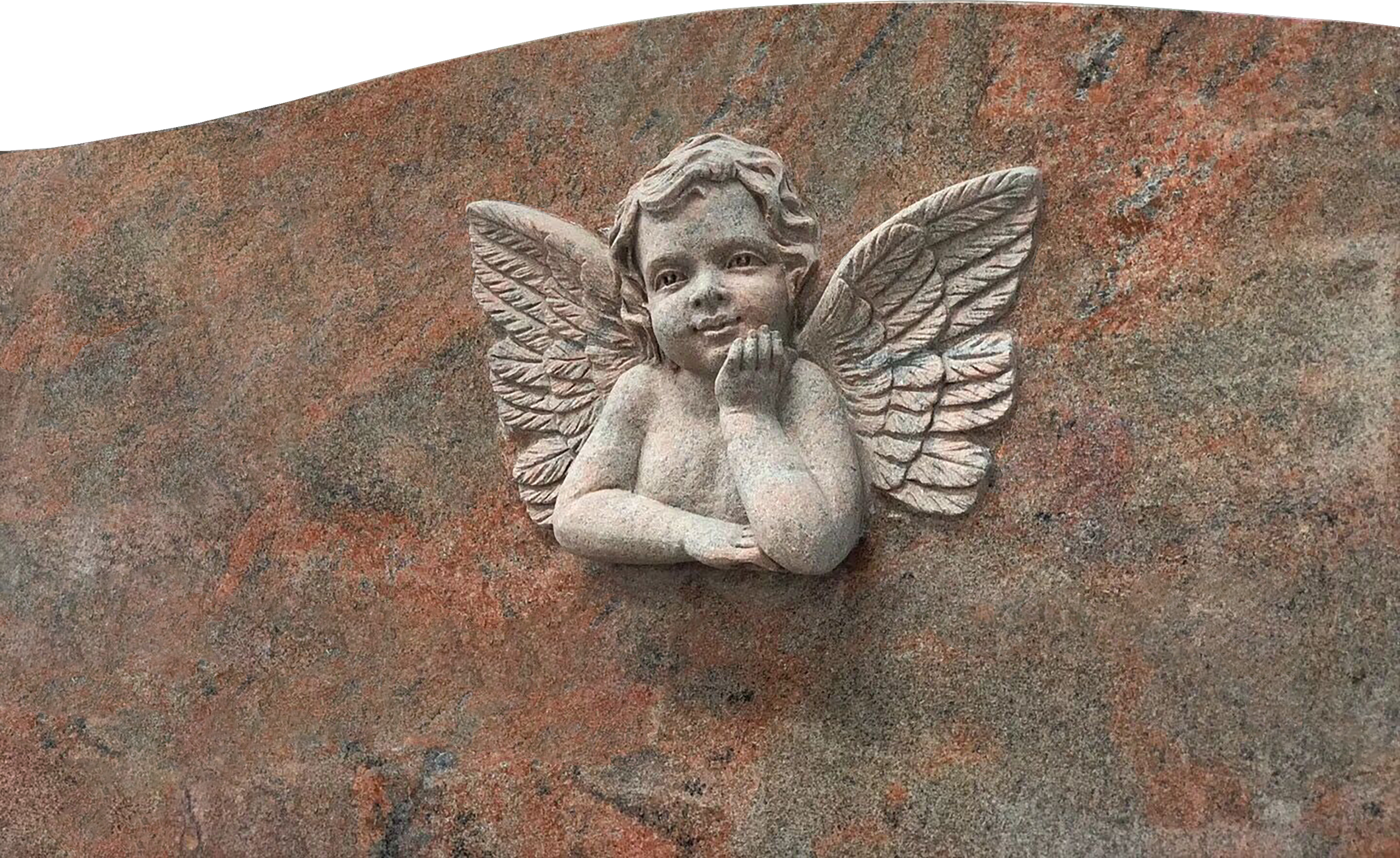 A carved stone wall ornament of a cherubic fairy with detailed wings, resting chin on hands, set against a reddish-brown stone background.