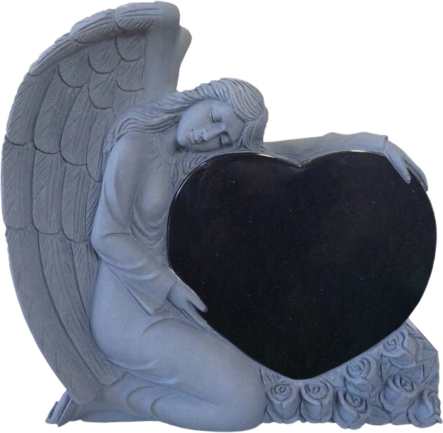 A white stone sculpture of an angel with large wings, holding a black heart-shaped object.