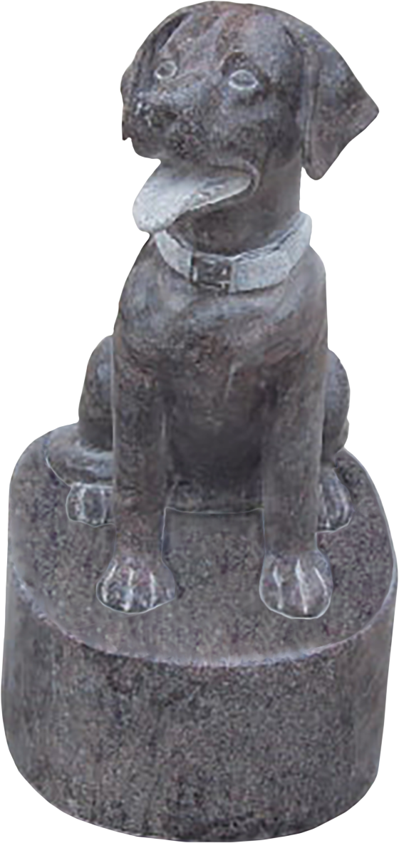 A stone statue of a dog with its tongue out, sitting on a round granite pedestal