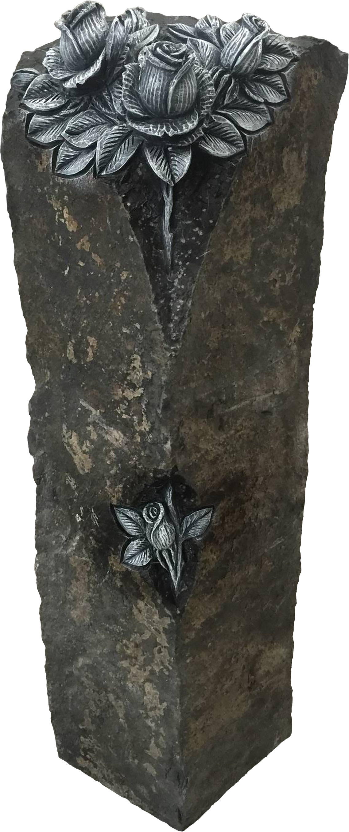 A sculpture of two roses, one large at the top and one smaller below, carved or attached onto a rough stone or concrete block.