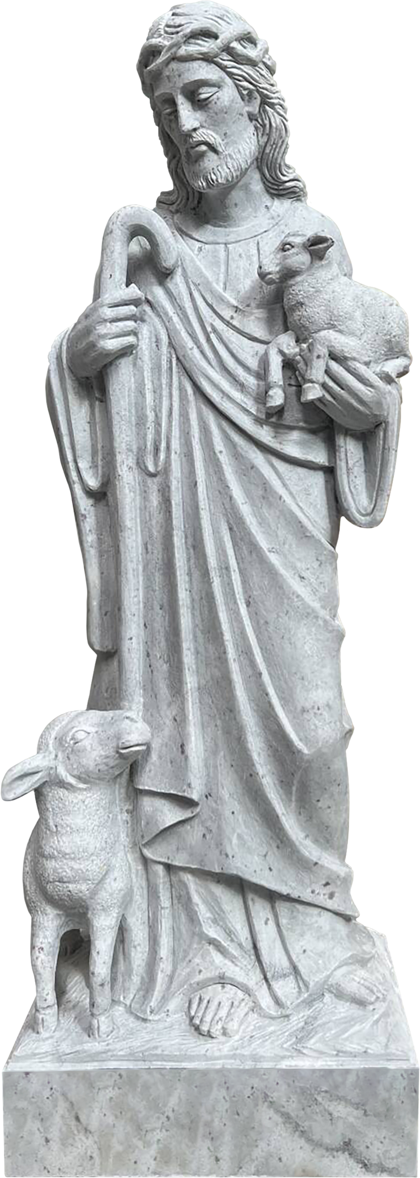 Marble statue of Jesus Christ holding a shepherd's staff and a lamb, with a lamb at his feet.