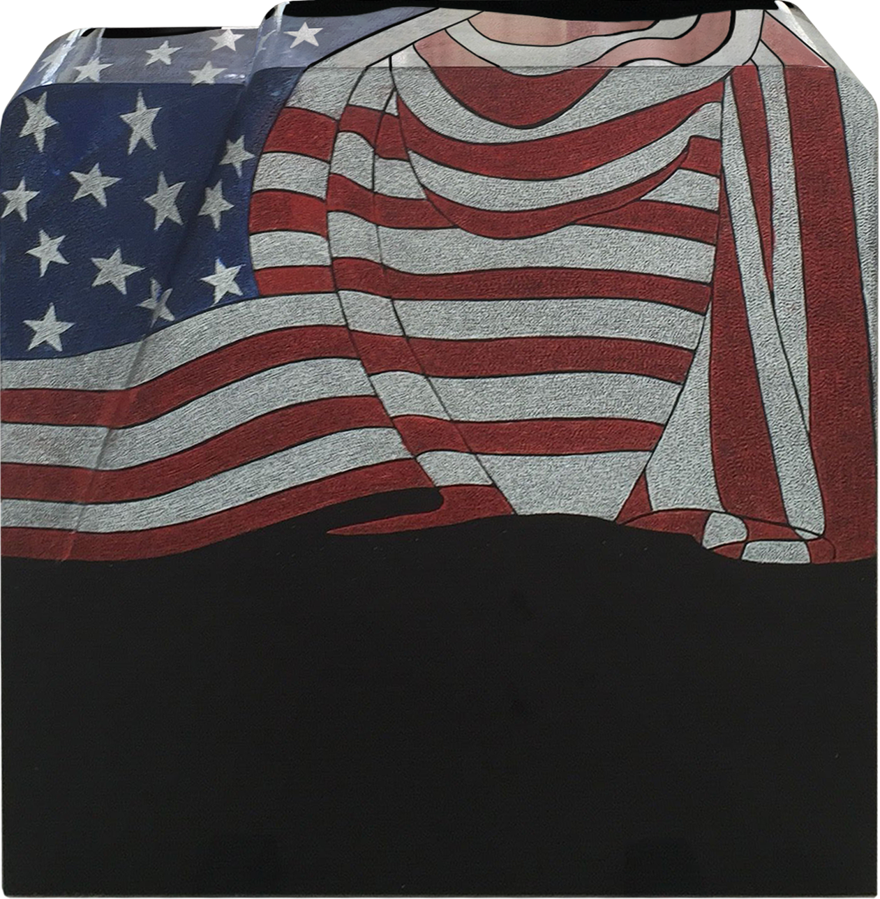 An American flag draped monument