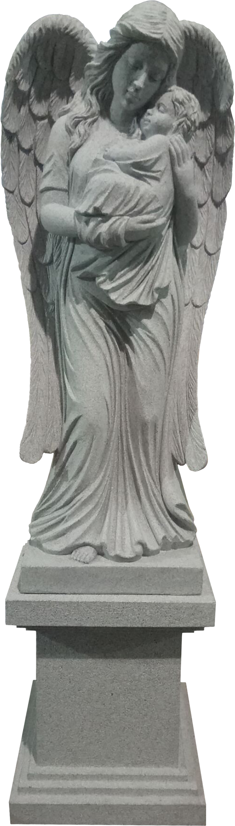 A stone sculpture of an angel with large wings holding a child, depicting a tender and comforting embrace.