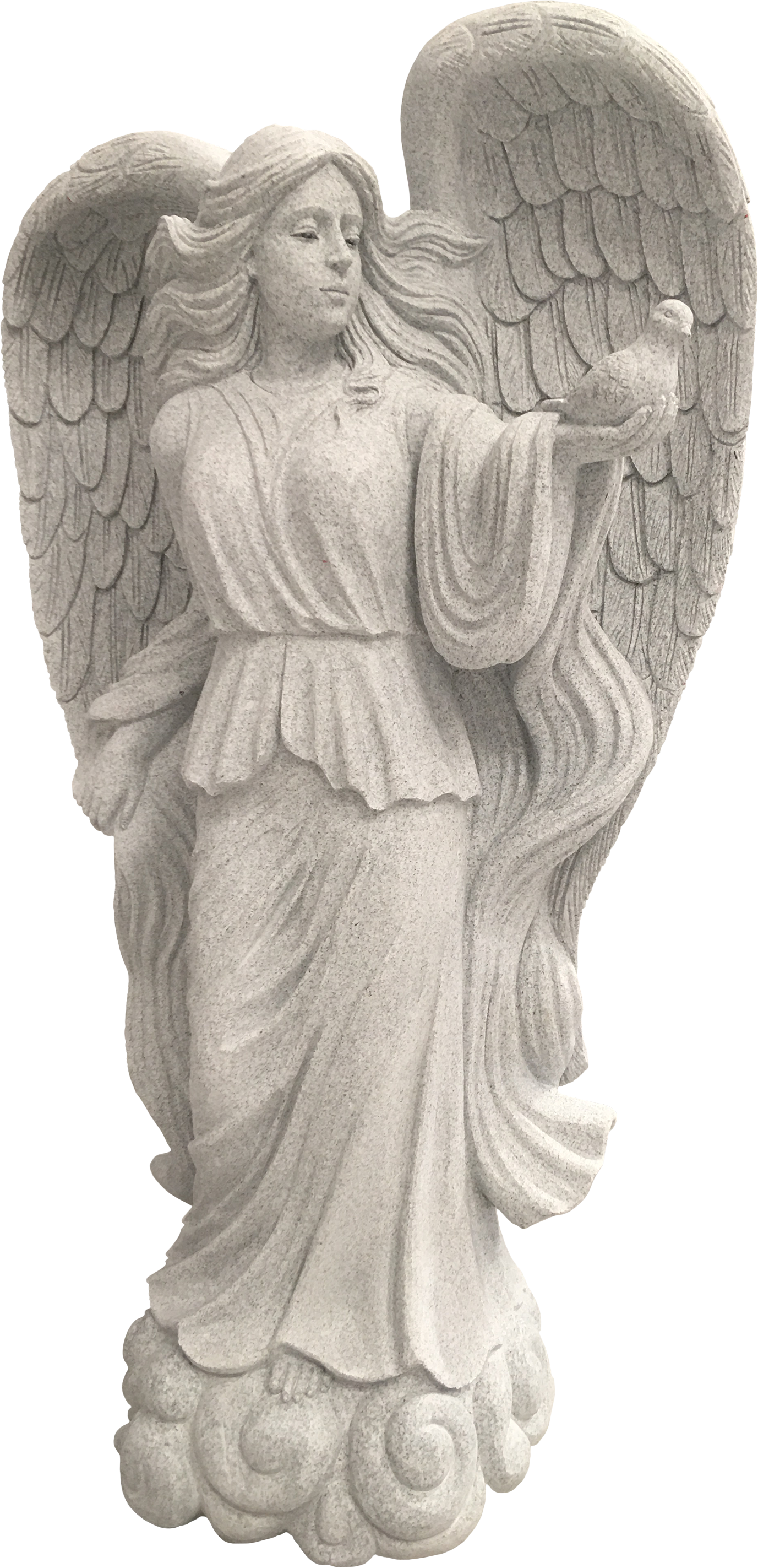 A carved stone statue of a woman with flowing hair, wings, and a robe holding a dove, standing on a cloud-like base.