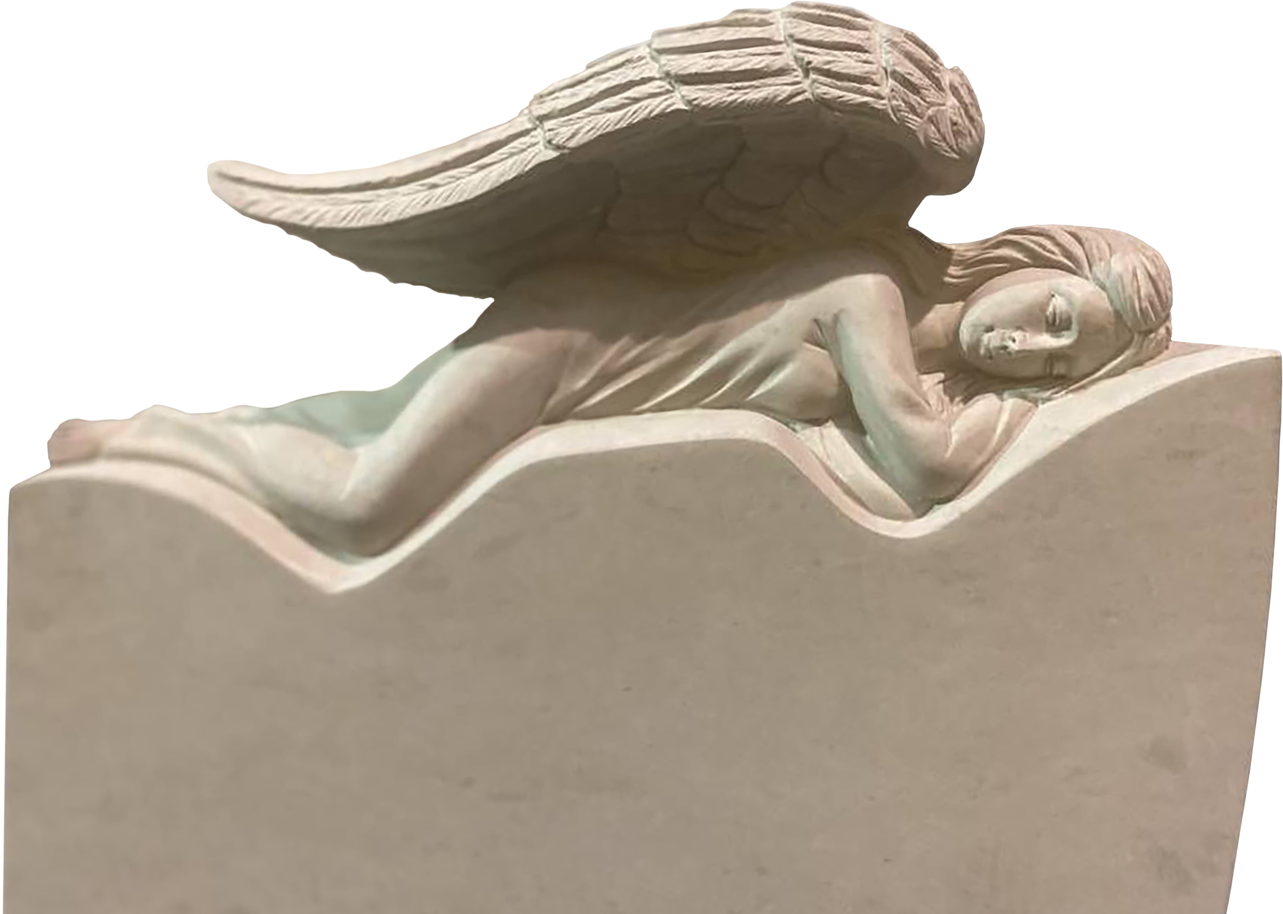 A ceramic sculpture of a woman with long hair, lying on her side with her head resting on her arm. She has large wings on her back and is covered partially by a flowing blanket or cloth.