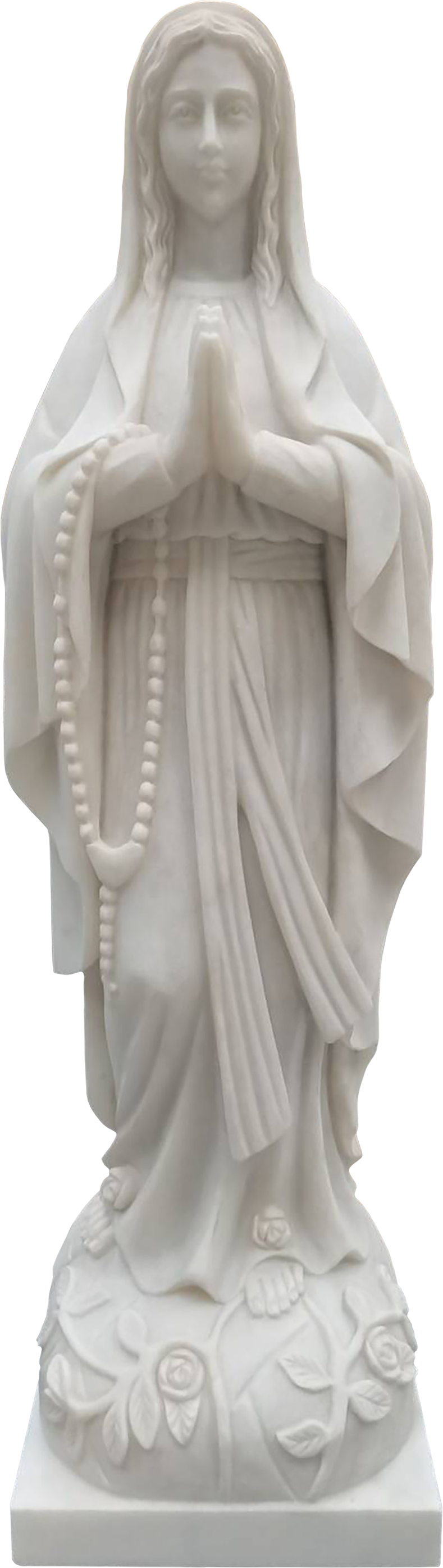White marble statue of the Virgin Mary with folded hands holding a rosary, standing on a pedestal decorated with roses.