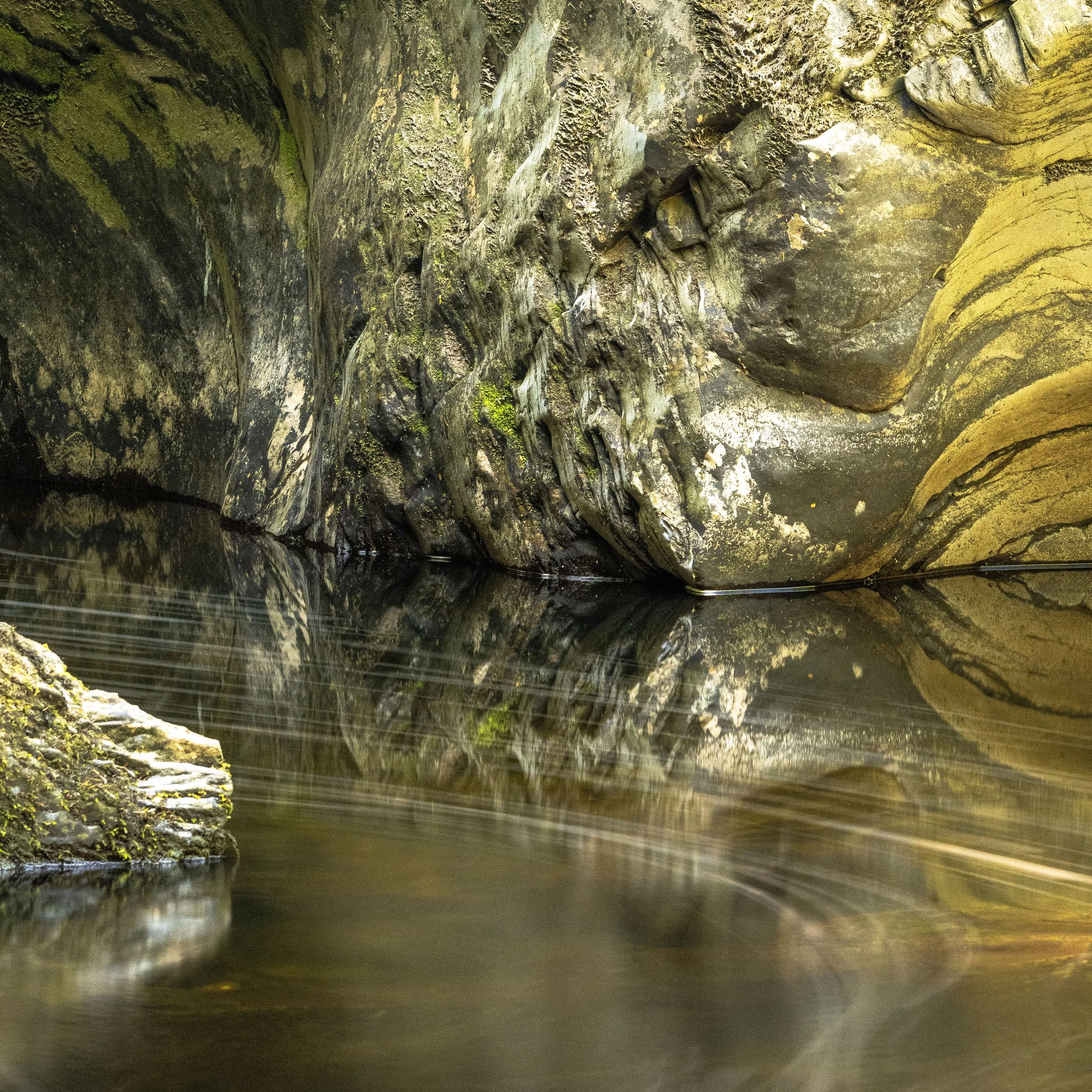 Inside a cave with moss-covered rocks and a calm reflective body of water.