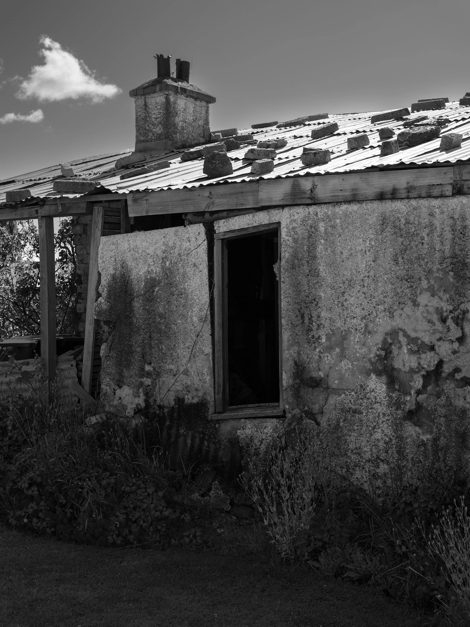 An old, weathered house with a chimney, missing window, and overgrown plants. The roof is rusty with bricks and wooden planks.