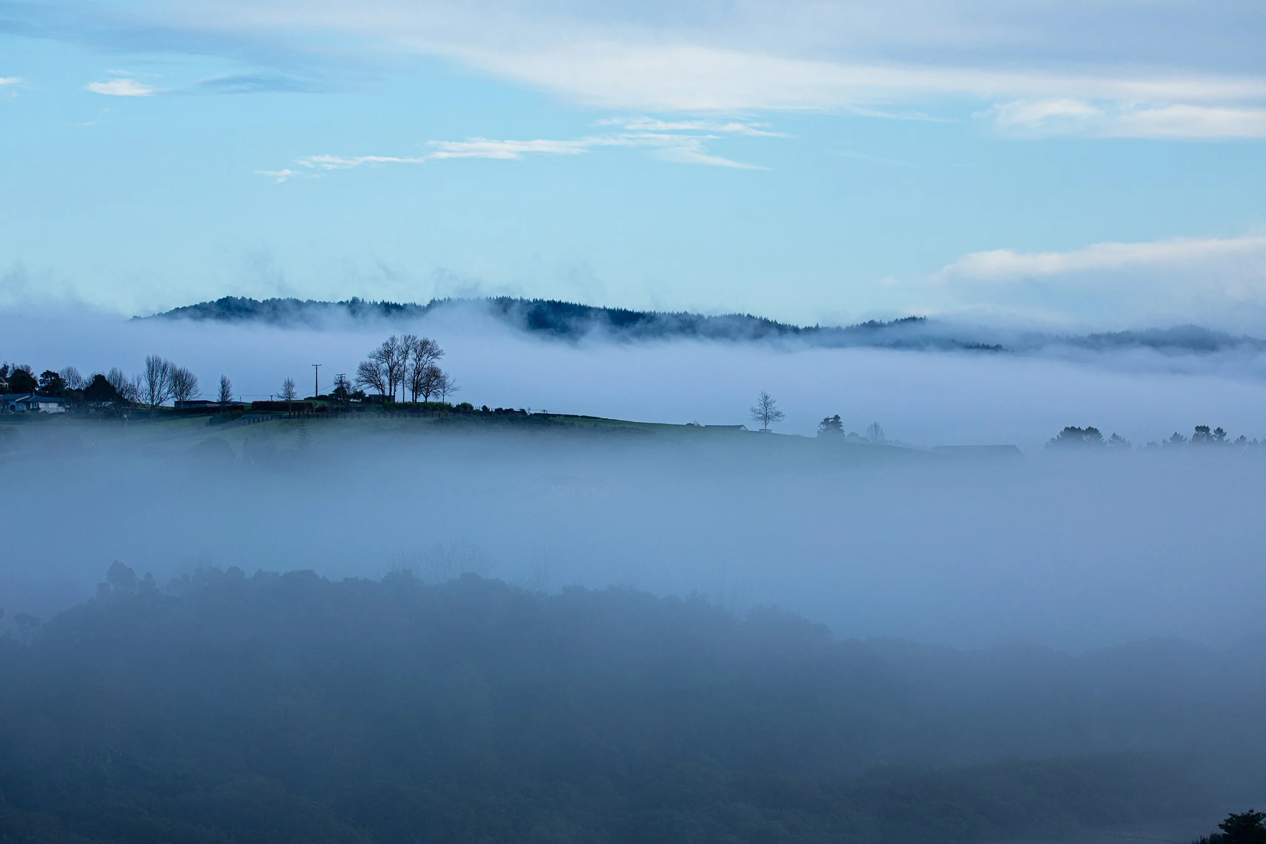 Foggy landscape with hills, trees, and scattered houses under a cloudy sky.