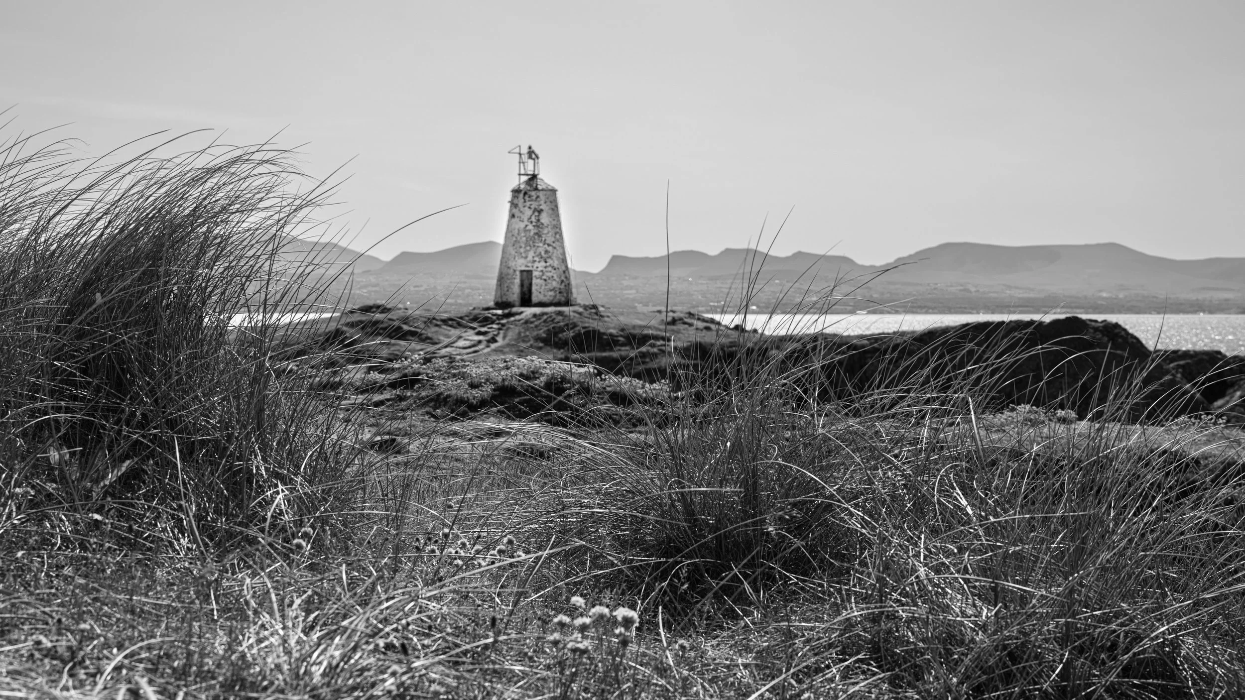Black and white photo of a lighthouse on a rocky coastline, with tall grasses in the foreground and distant mountains in the background.