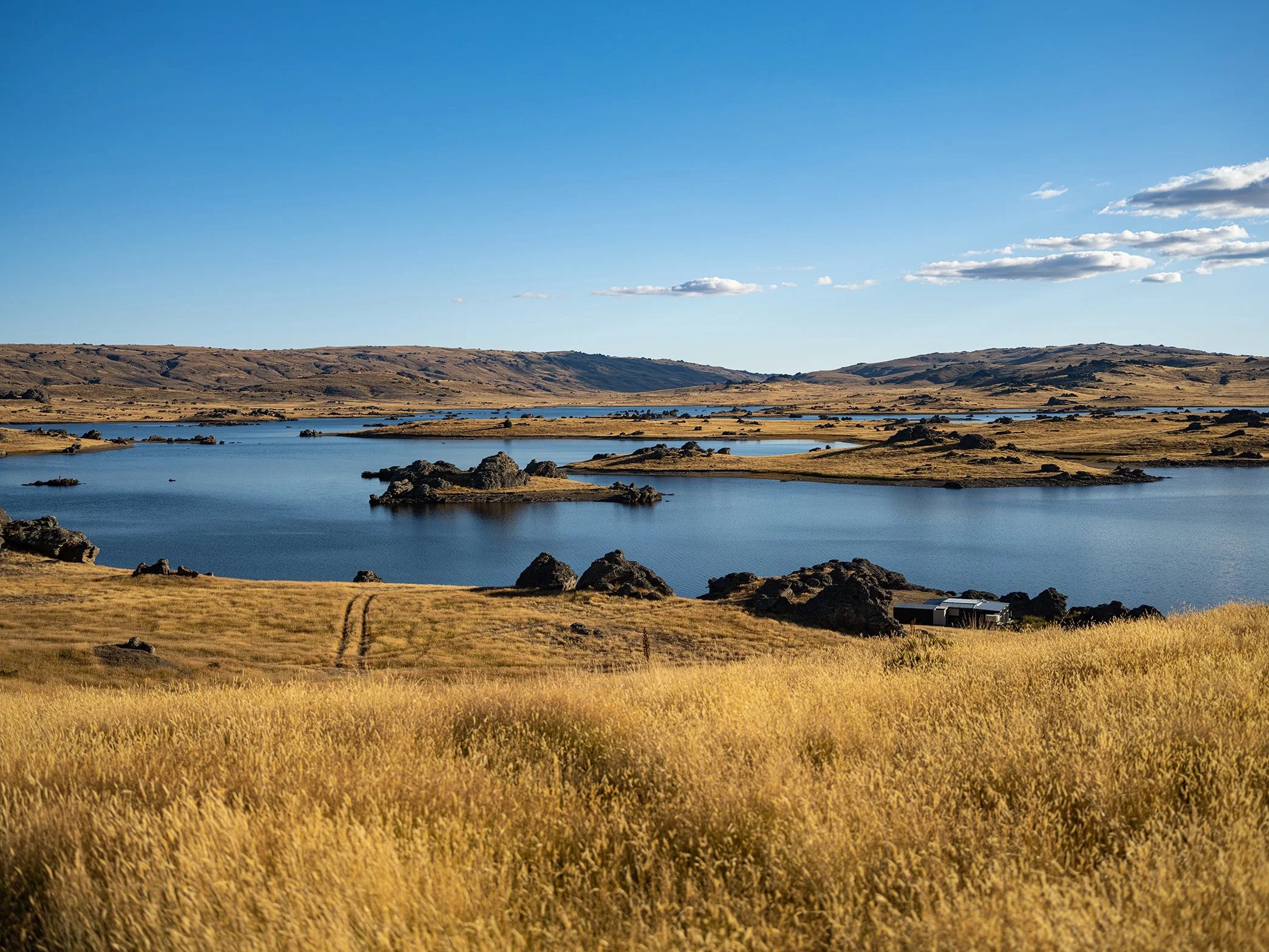 A landscape with a large body of water, grassy fields, and rolling hills against a blue sky with a few clouds.