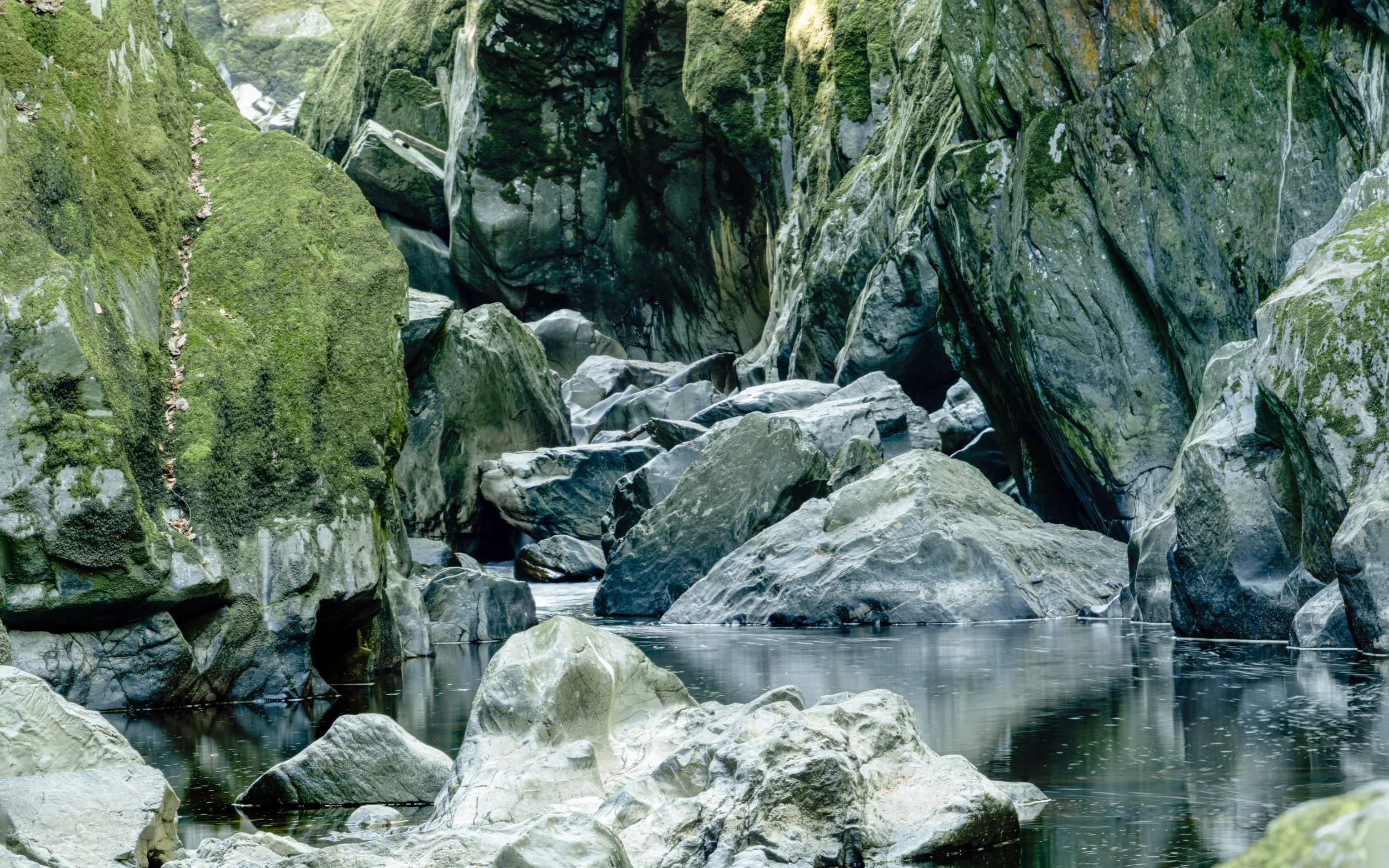 A rocky canyon with moss-covered and smooth boulders surrounded by mossy cliffs and a calm river.