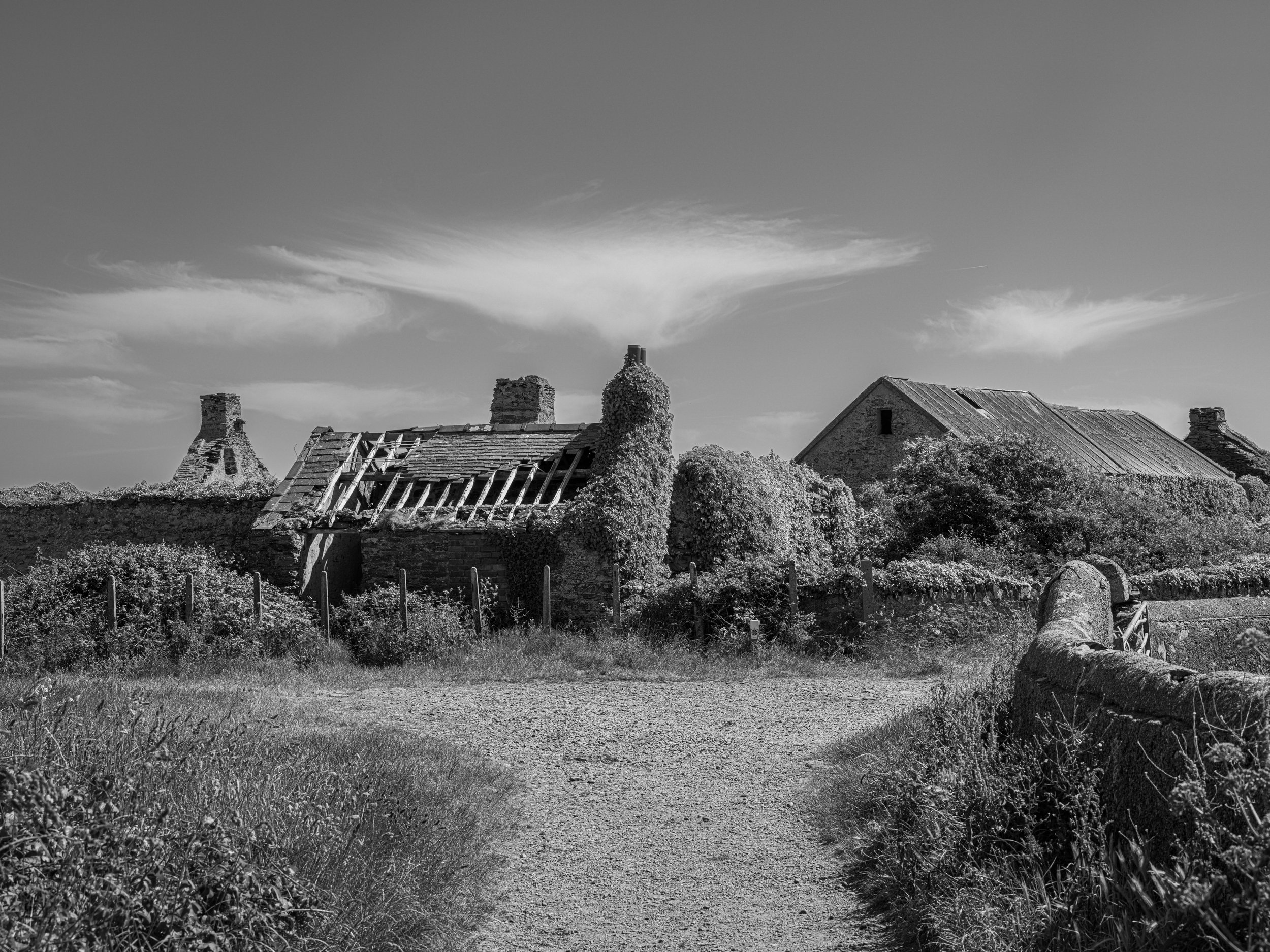 An old, abandoned house with a damaged roof, overgrown with vegetation, surrounded by a fence and a dirt path in the foreground, under a cloudy sky.