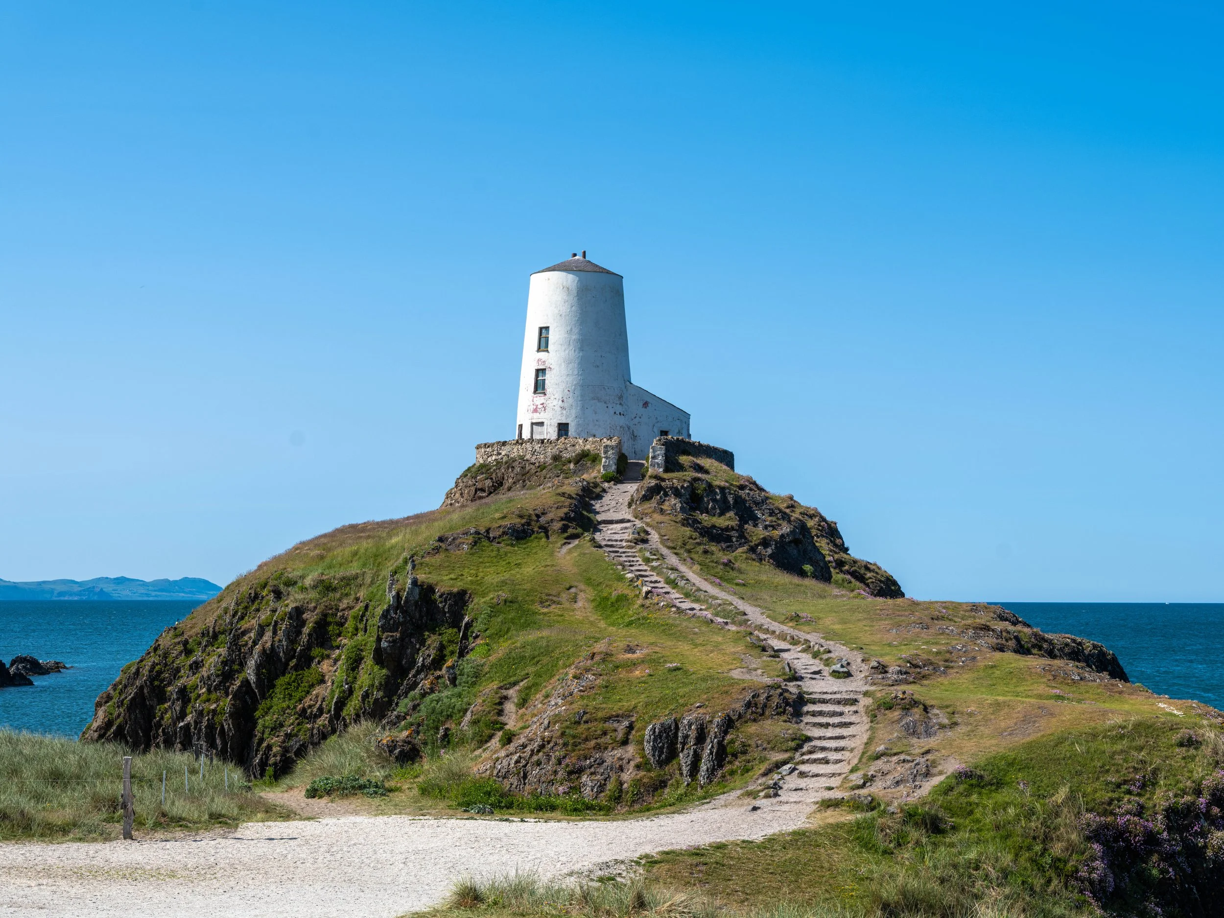 White lighthouse on a grassy hill by the ocean, with a clear blue sky.