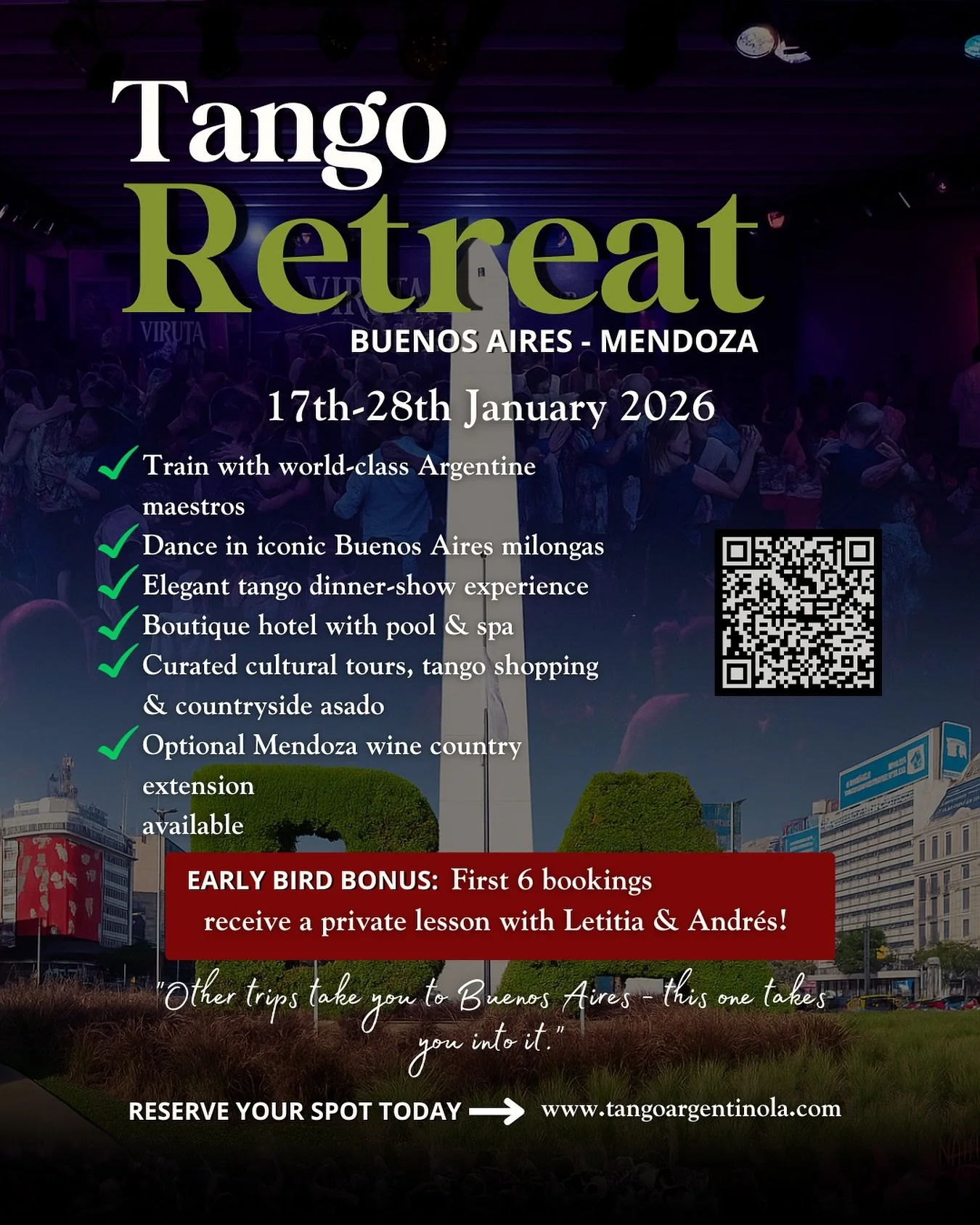 ✨ TANGO RETREAT | BUENOS AIRES | JANUARY 2026
Dance where tango was born &mdash; and experience it from the inside.

This is more than a holiday. It&rsquo;s a transformational retreat led by two internationally recognised tango artists:
💃 Letitia Si