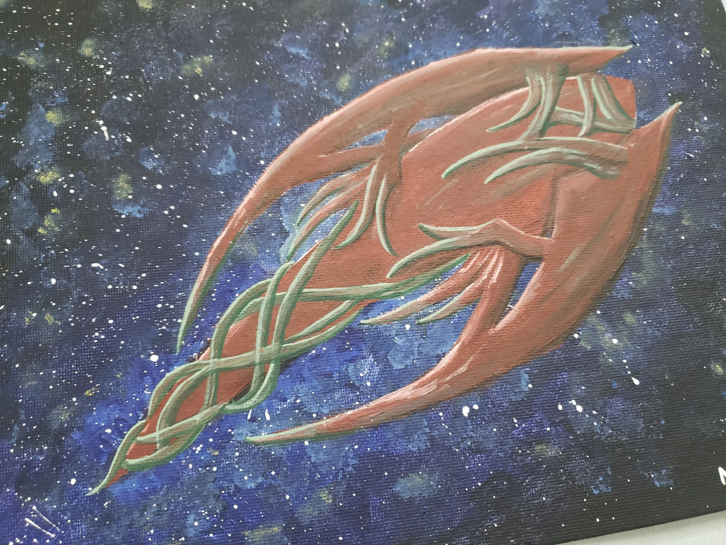the Starship Nostromo (No, Not That One): the ongoing TTRPG I play features the intrepid crew of a living ship named for the doomed ship in Alien (acrylic on canvas)