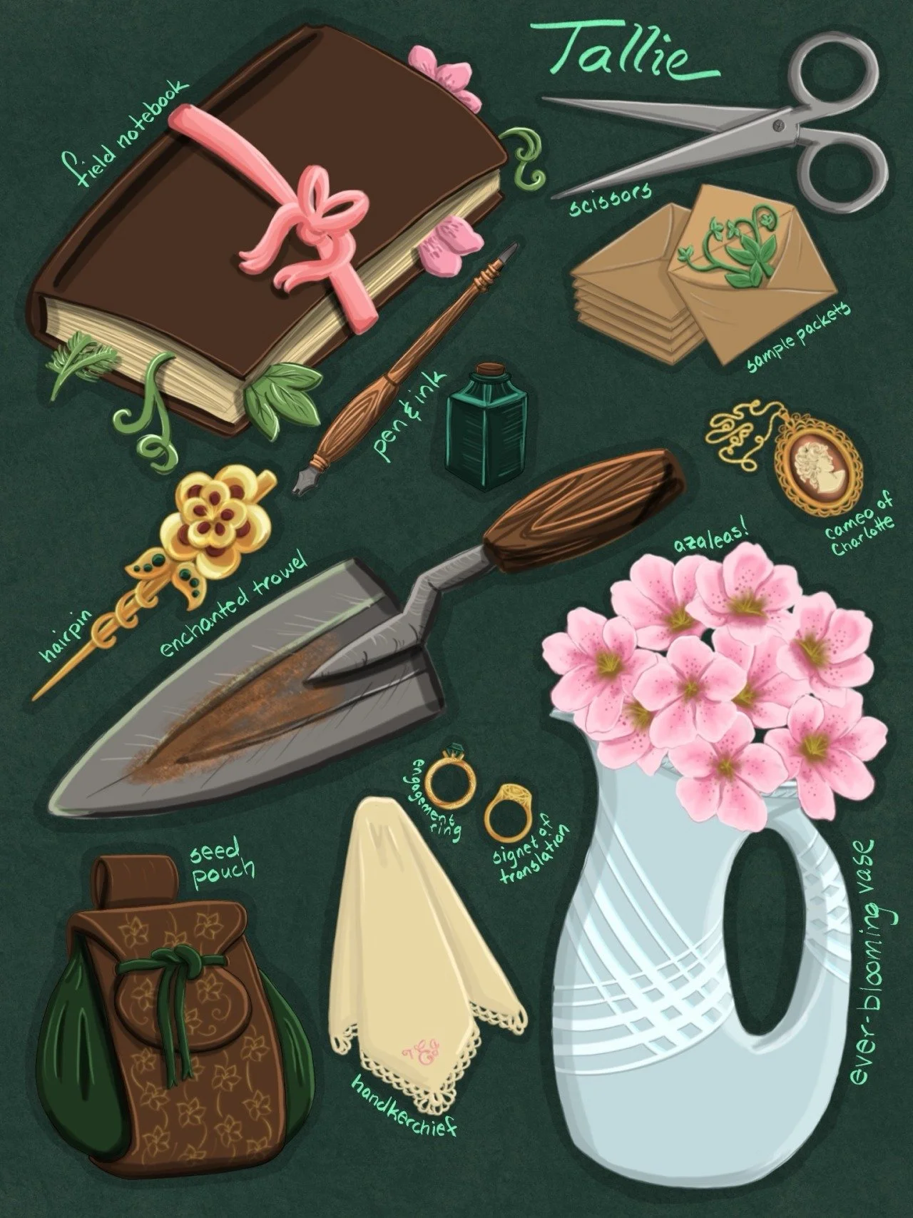 Portrait in Objects: Tallie: part one of drawing the inventories of my TTRPG characters (digital)