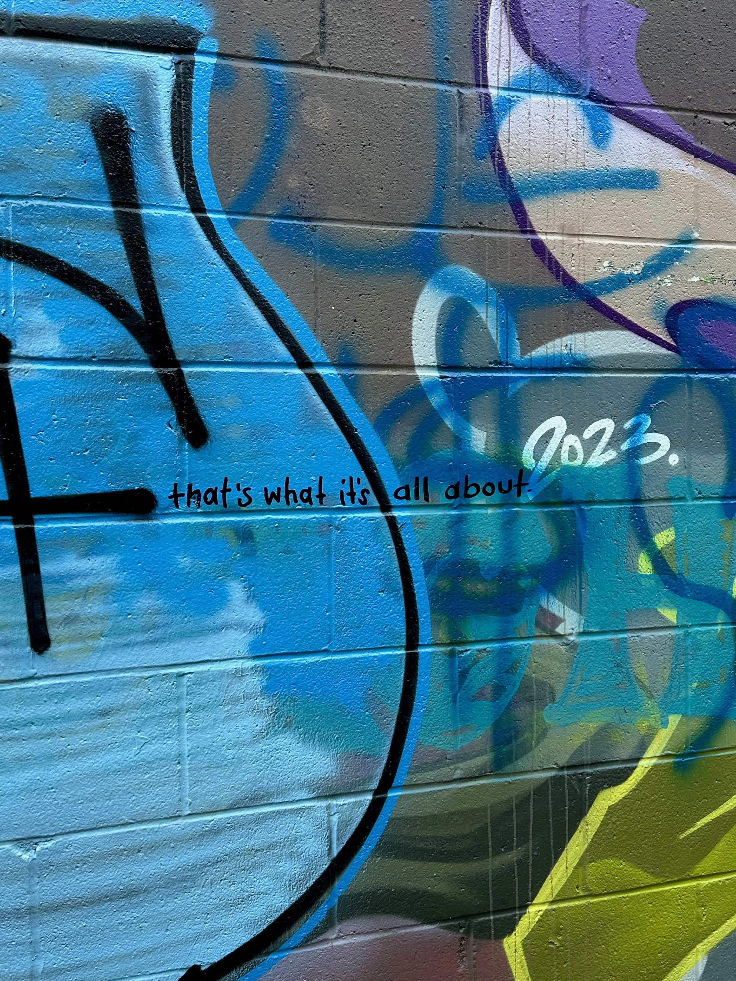 grey wall with various graffiti tags in blue, purple, white, and yellow with written text over it that reads "that's what it's all about"